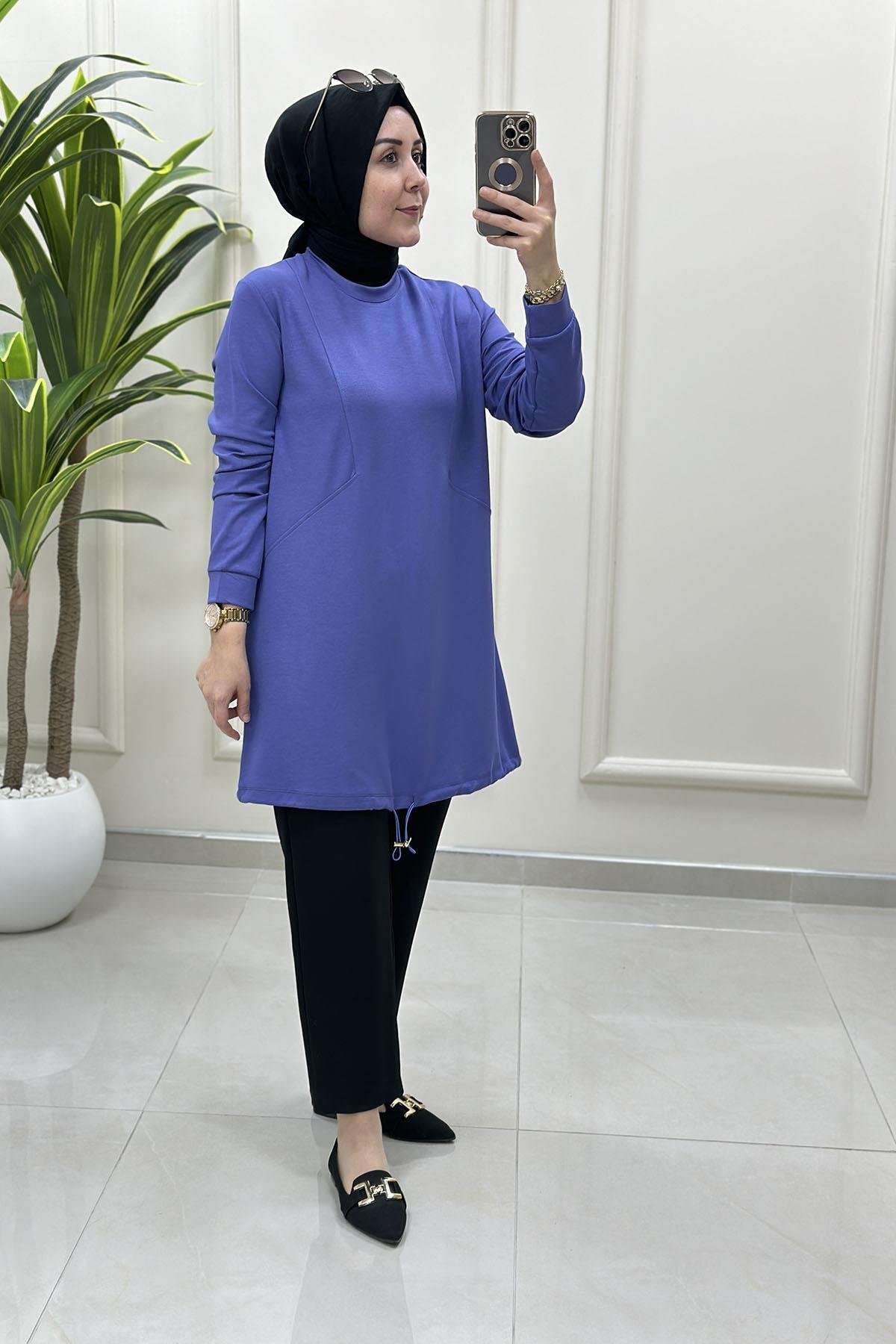 Tesettür Tunik ModelleriÖnü Dikiş Modelli Eteği Büzgülü Kadın Oysho Tunik Mor KADO 257318