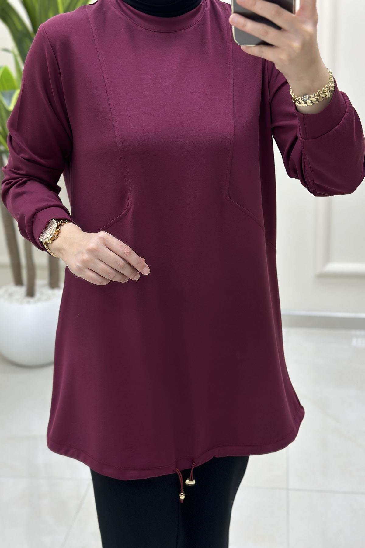 Tesettür Tunik ModelleriÖnü Dikiş Modelli Eteği Büzgülü Kadın Oysho Tunik Bordo KADO 257318