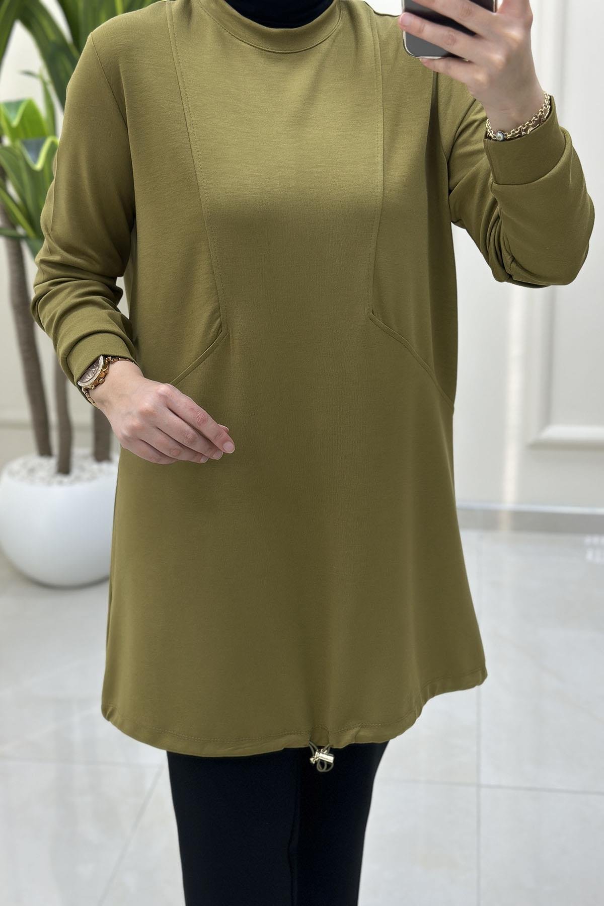 Tesettür Tunik ModelleriÖnü Dikiş Modelli Eteği Büzgülü Kadın Oysho Tunik Yağ Yeşili KADO 257318