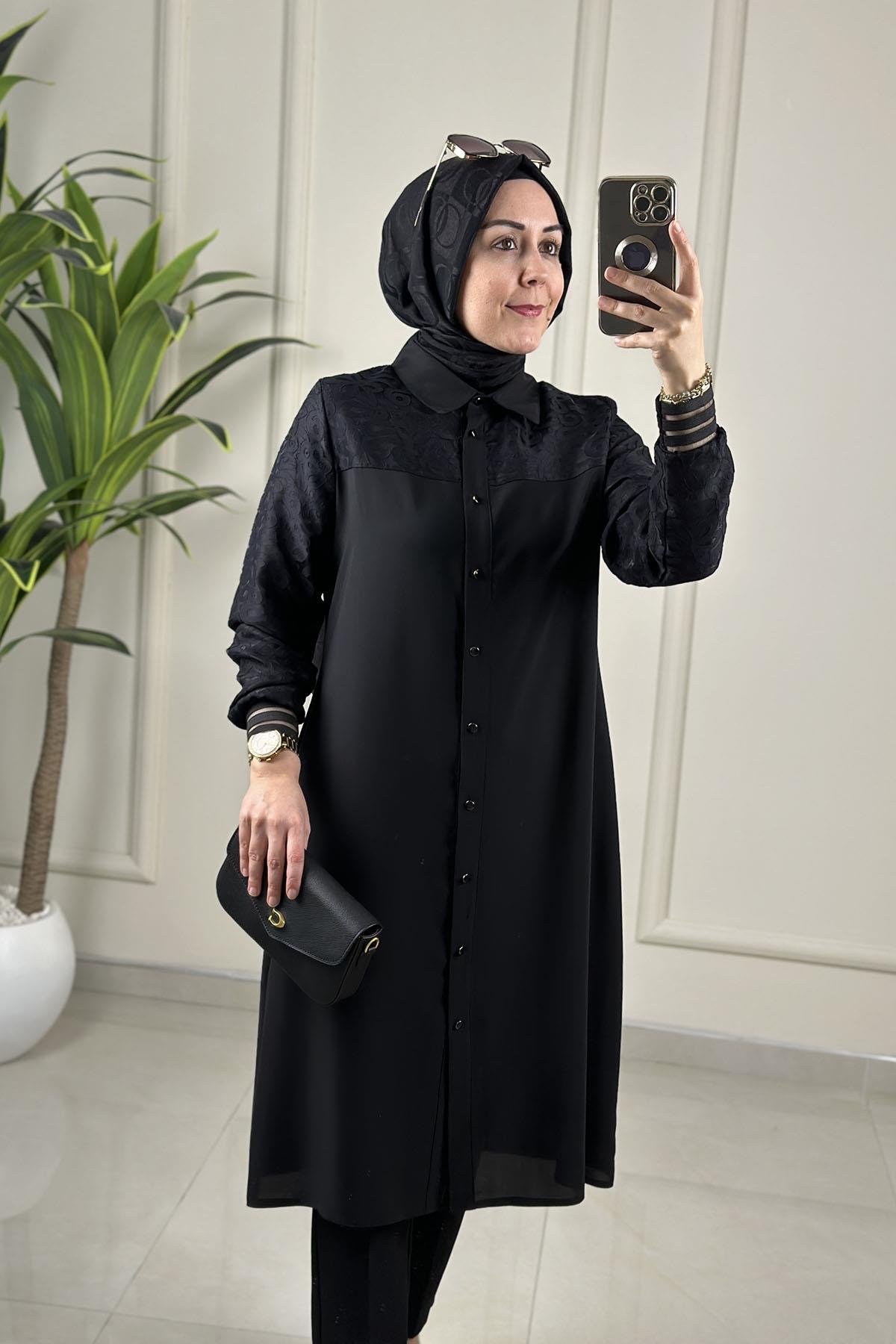 Tesettür Tunik ModelleriÖnü Düğmeli Organze Tül Üzeri Yakma Garnili Kadın Krep Tunik Siyah QTN 2949