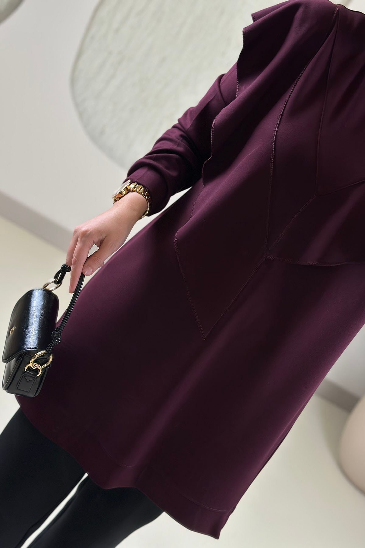 Tesettür Tunik ModelleriÖnü Fırfır Detaylı İnce Oysho Kadın Tunik Bordo KADO 268504 