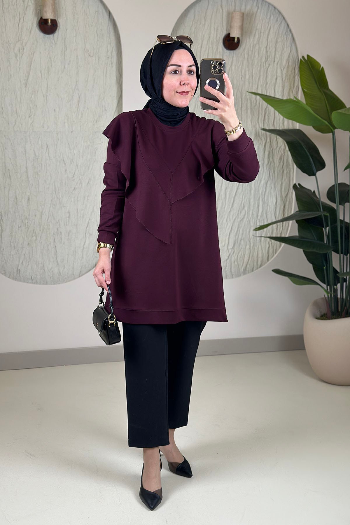 Tesettür Tunik ModelleriÖnü Fırfır Detaylı İnce Oysho Kadın Tunik Bordo KADO 268504 