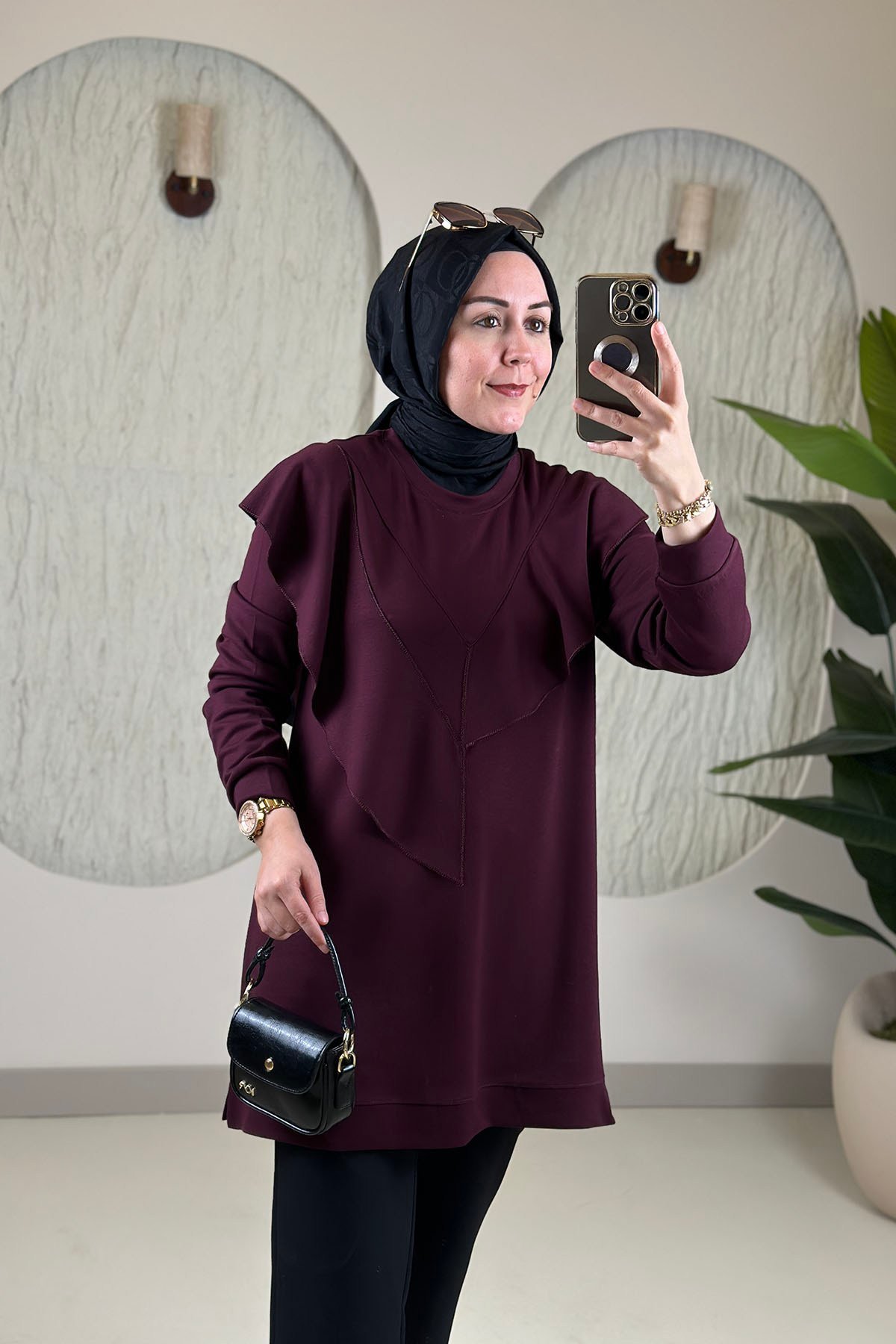 Tesettür Tunik ModelleriÖnü Fırfır Detaylı İnce Oysho Kadın Tunik Bordo KADO 268504 