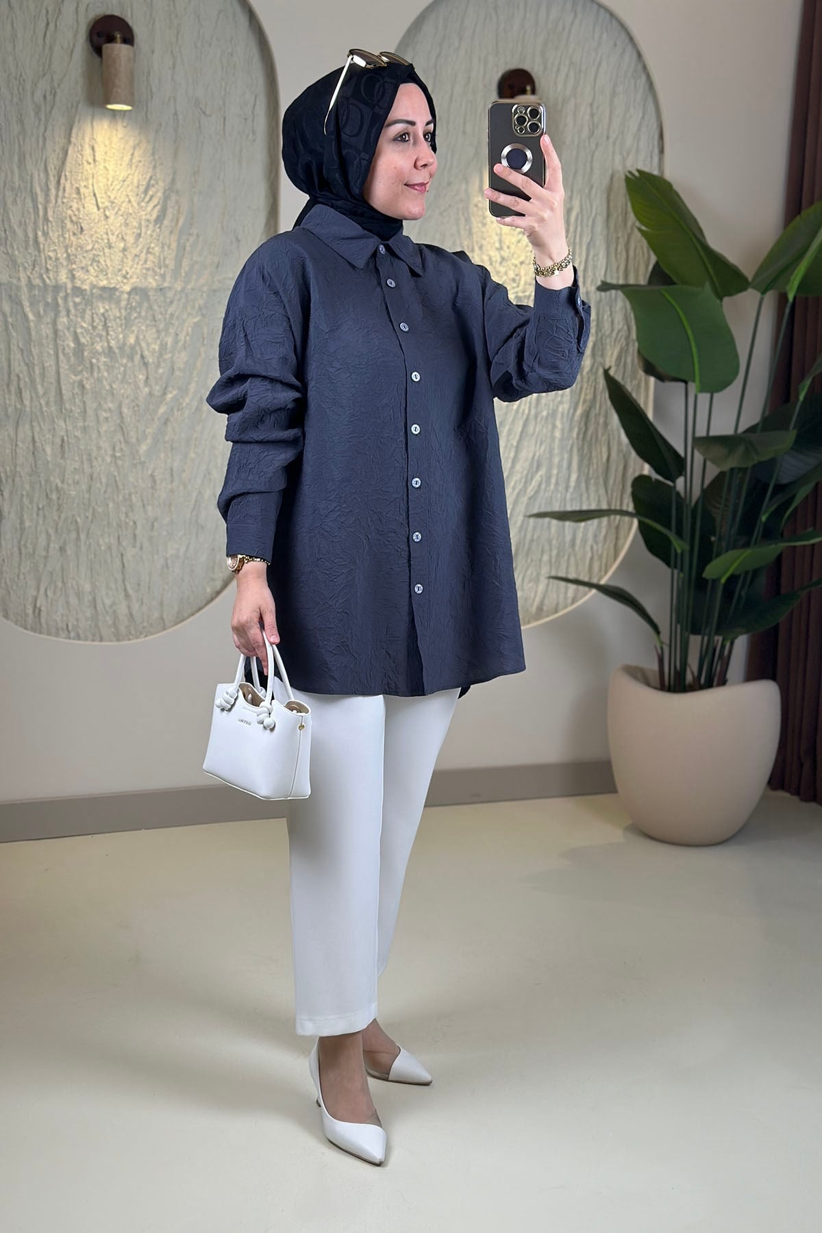 Tesettür Tunik ModelleriÖnü Füğmeli Düşük Omuz Oversize Kadın Tunik Antrasit KADO 262062
