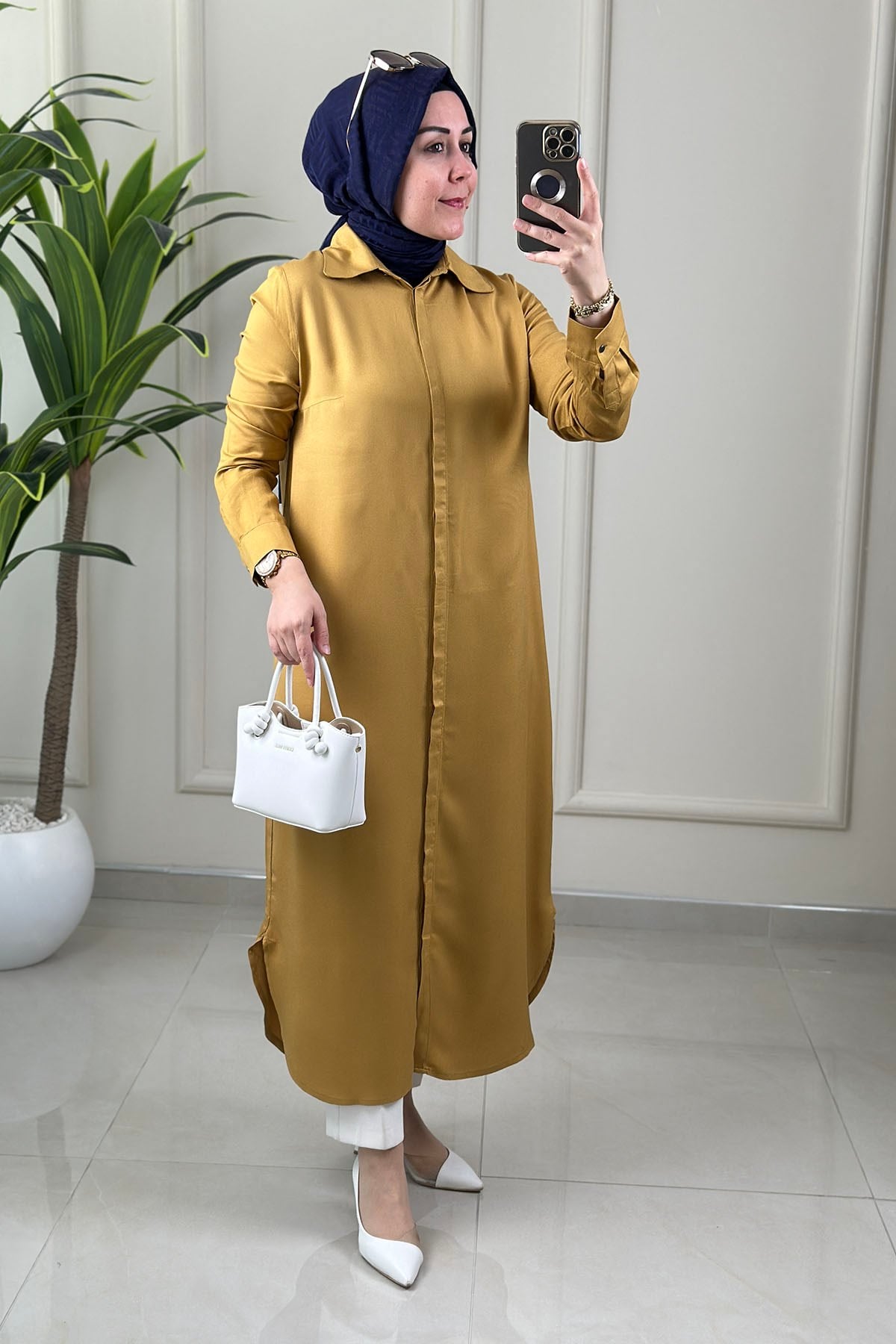 Tesettür Tunik ModelleriÖnü Gizli Düğmeli Uzun Basic Kadın Tunik Safran ALDY 53007