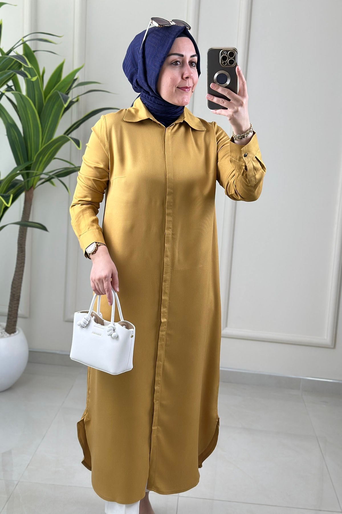Tesettür Tunik ModelleriÖnü Gizli Düğmeli Uzun Basic Kadın Tunik Safran ALDY 53007