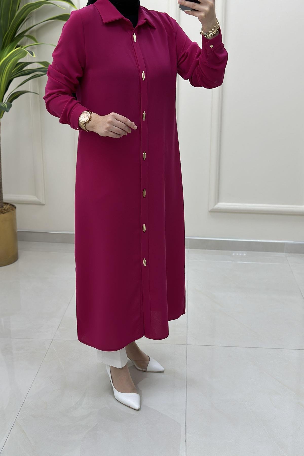 Tesettür Tunik ModelleriÖnü Gold Aksesuarlı Çıtçıtlı Uzun Kadın Tunik Fuşya HYA 1532