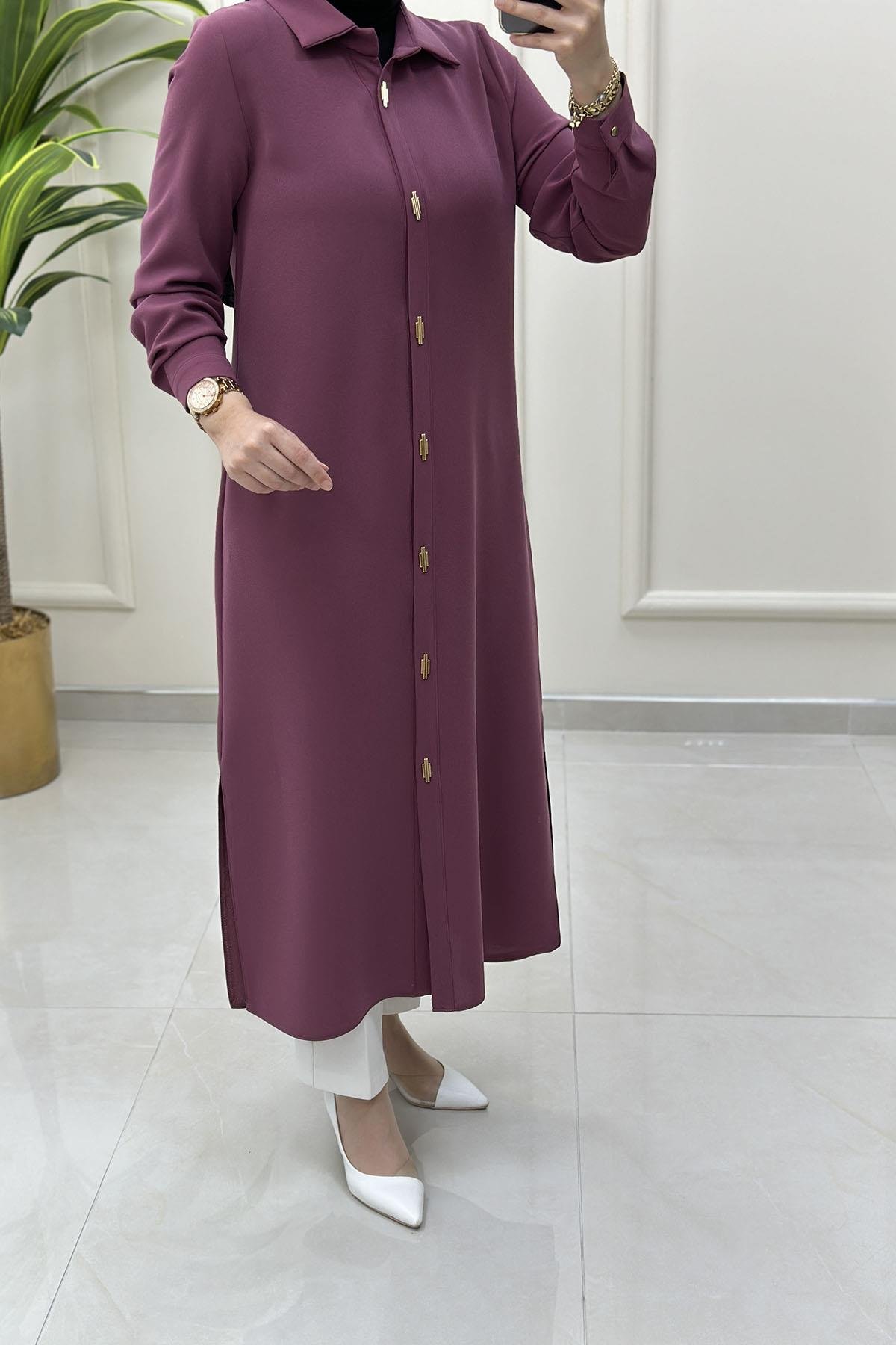 Tesettür Tunik ModelleriÖnü Gold Aksesuarlı Çıtçıtlı Uzun Kadın Tunik Gül Kurusu HYA 1532
