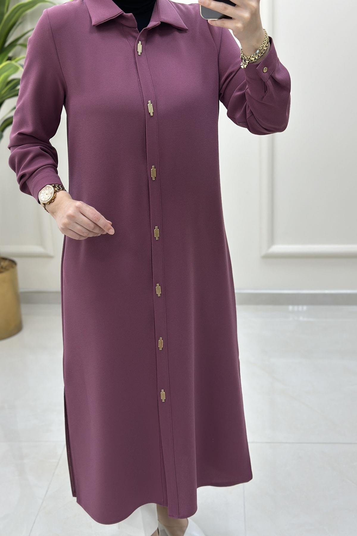 Tesettür Tunik ModelleriÖnü Gold Aksesuarlı Çıtçıtlı Uzun Kadın Tunik Gül Kurusu HYA 1532