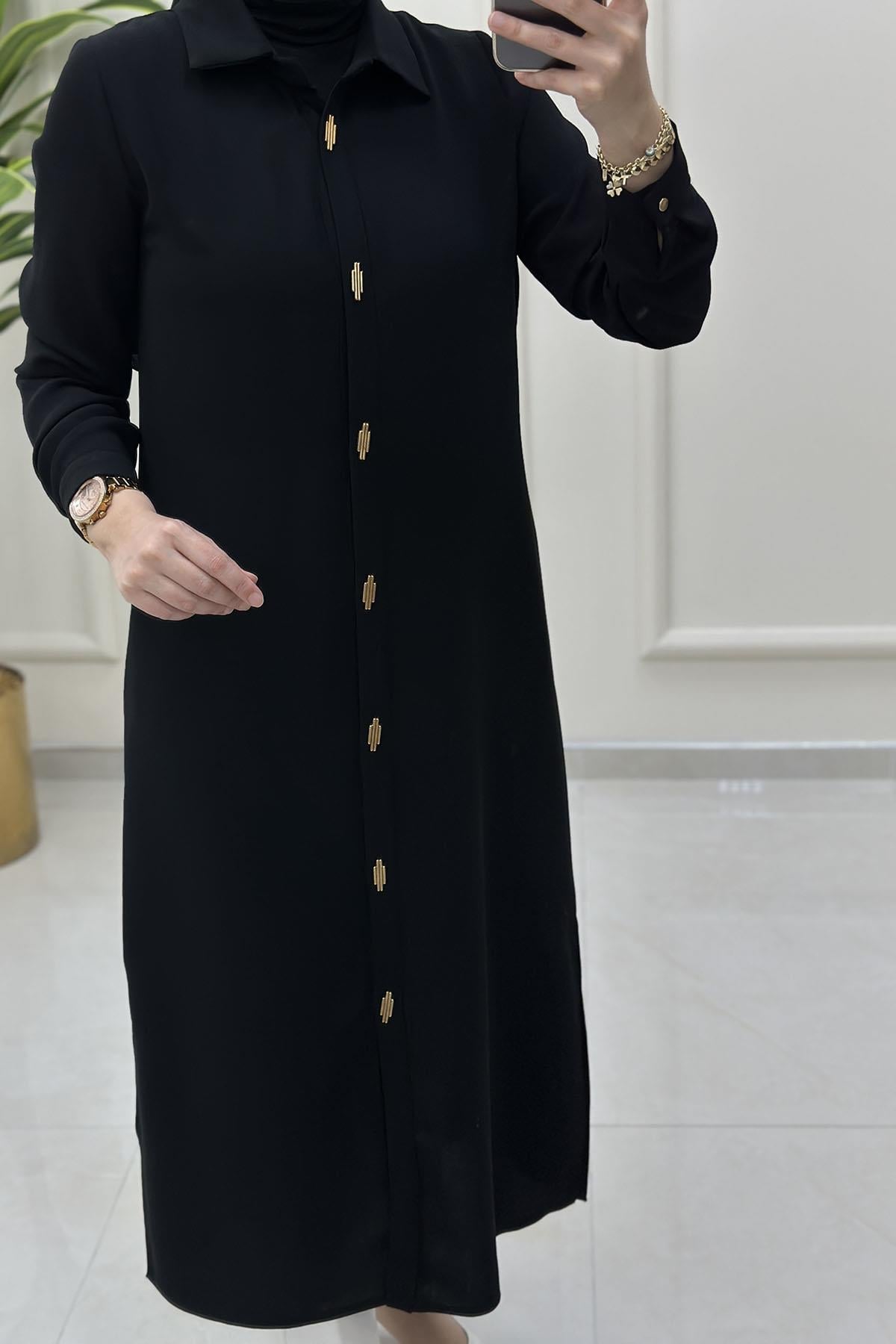 Tesettür Tunik ModelleriÖnü Gold Aksesuarlı Çıtçıtlı Uzun Kadın Tunik Siyah HYA 1532