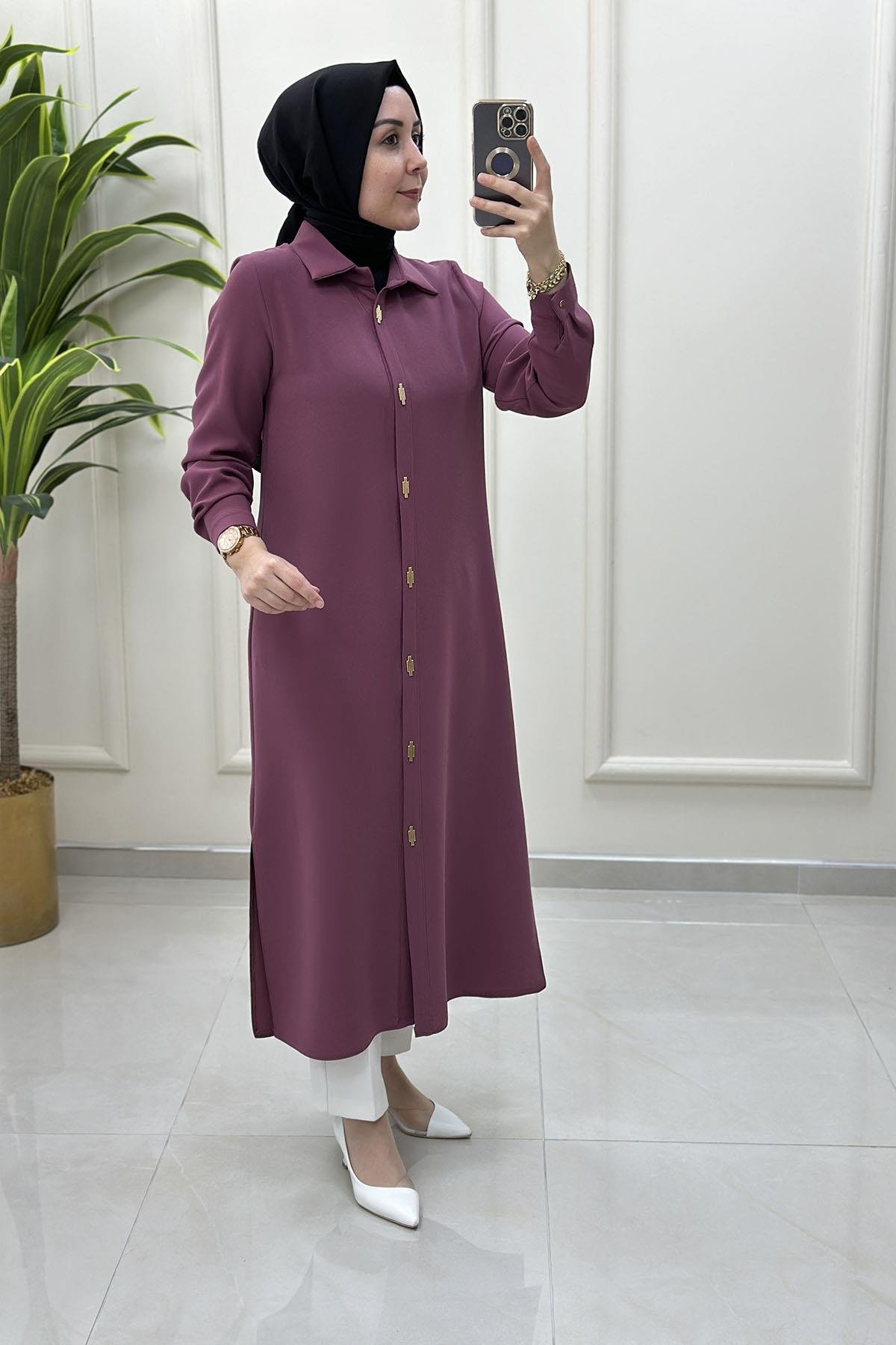 Tesettür Tunik ModelleriÖnü Gold Aksesuarlı Çıtçıtlı Uzun Kadın Tunik Gül Kurusu HYA 1532