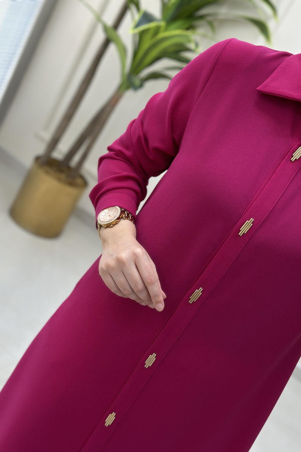 Tesettür Tunik ModelleriÖnü Gold Aksesuarlı Çıtçıtlı Uzun Kadın Tunik Fuşya HYA 1532