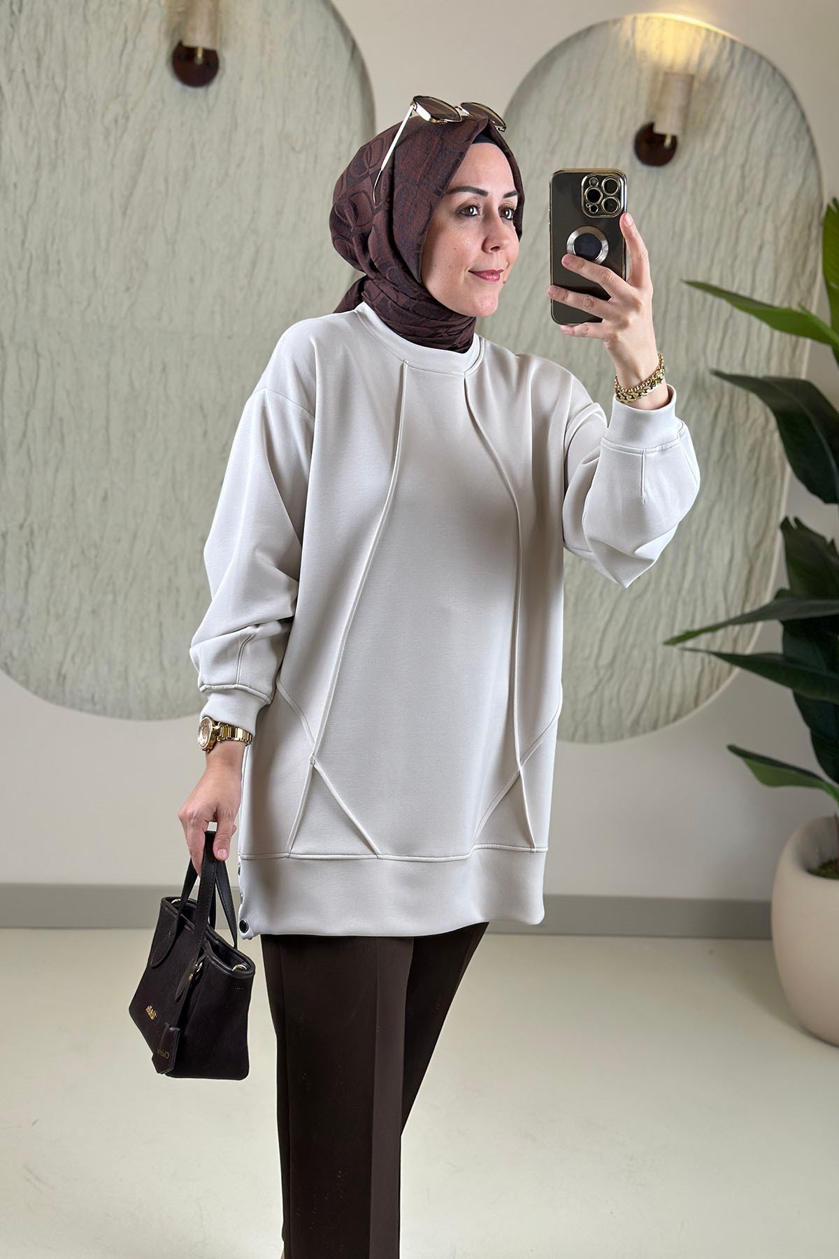 Tesettür Tunik ModelleriÖnü Nervürlü Yanları Çıtçıtlı Kupra Oysho Kadın Tunik Taş EYL 2243