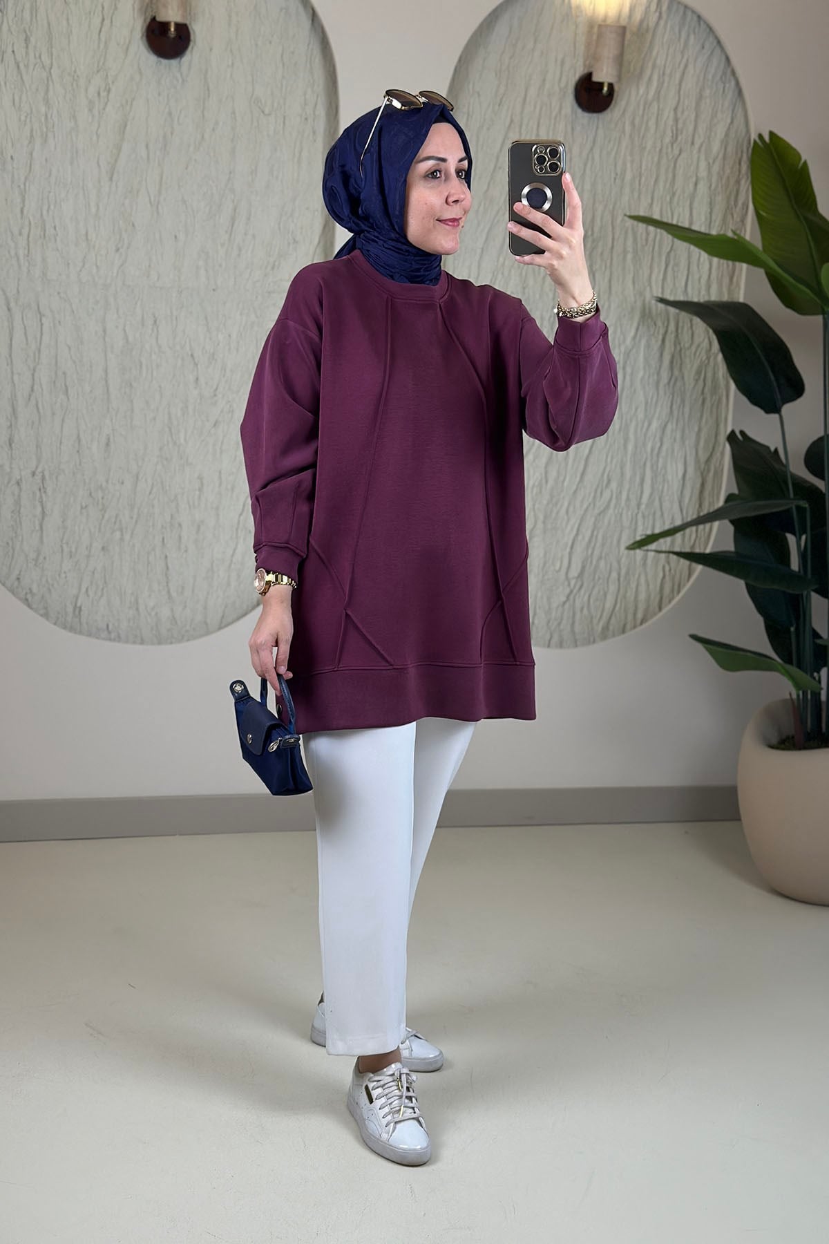 Tesettür Tunik ModelleriÖnü Nervürlü Yanları Çıtçıtlı Kupra Oysho Kadın Tunik Bordo EYL 2243