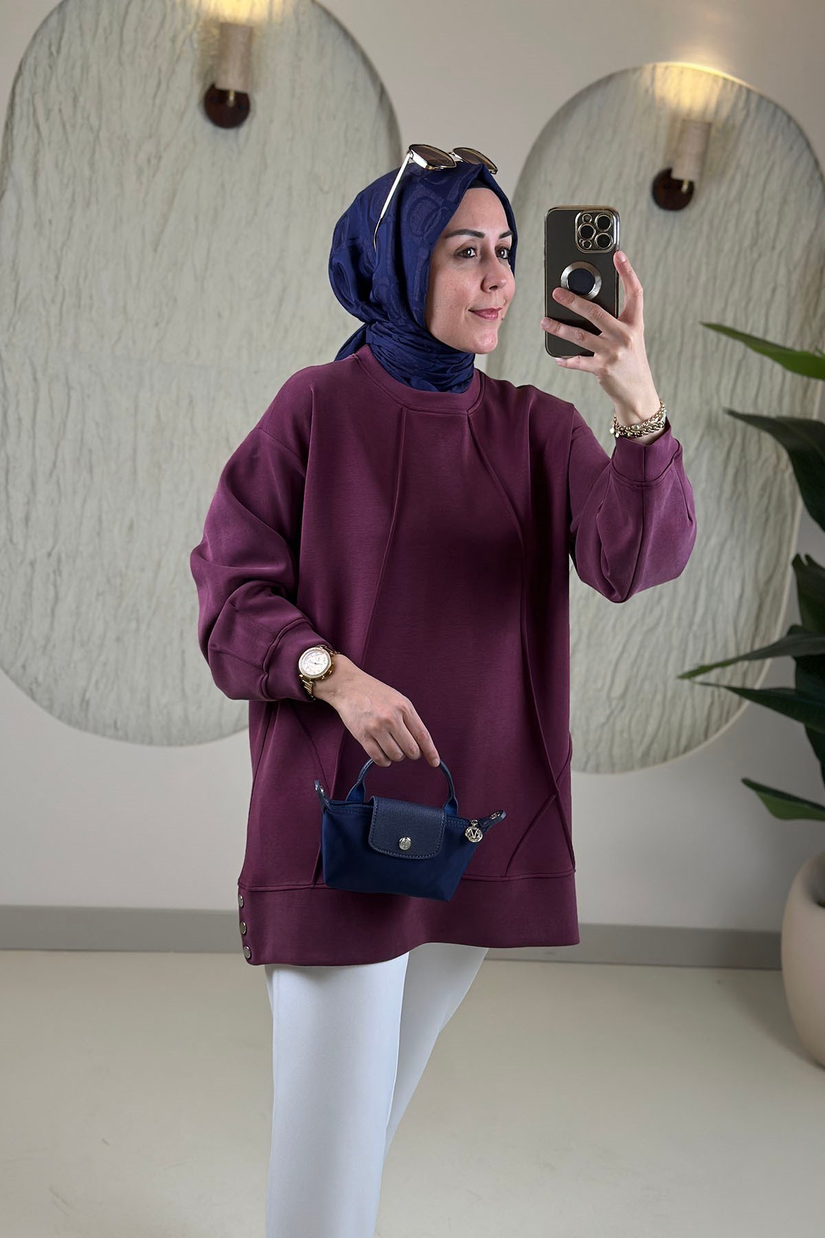 Tesettür Tunik ModelleriÖnü Nervürlü Yanları Çıtçıtlı Kupra Oysho Kadın Tunik Bordo EYL 2243