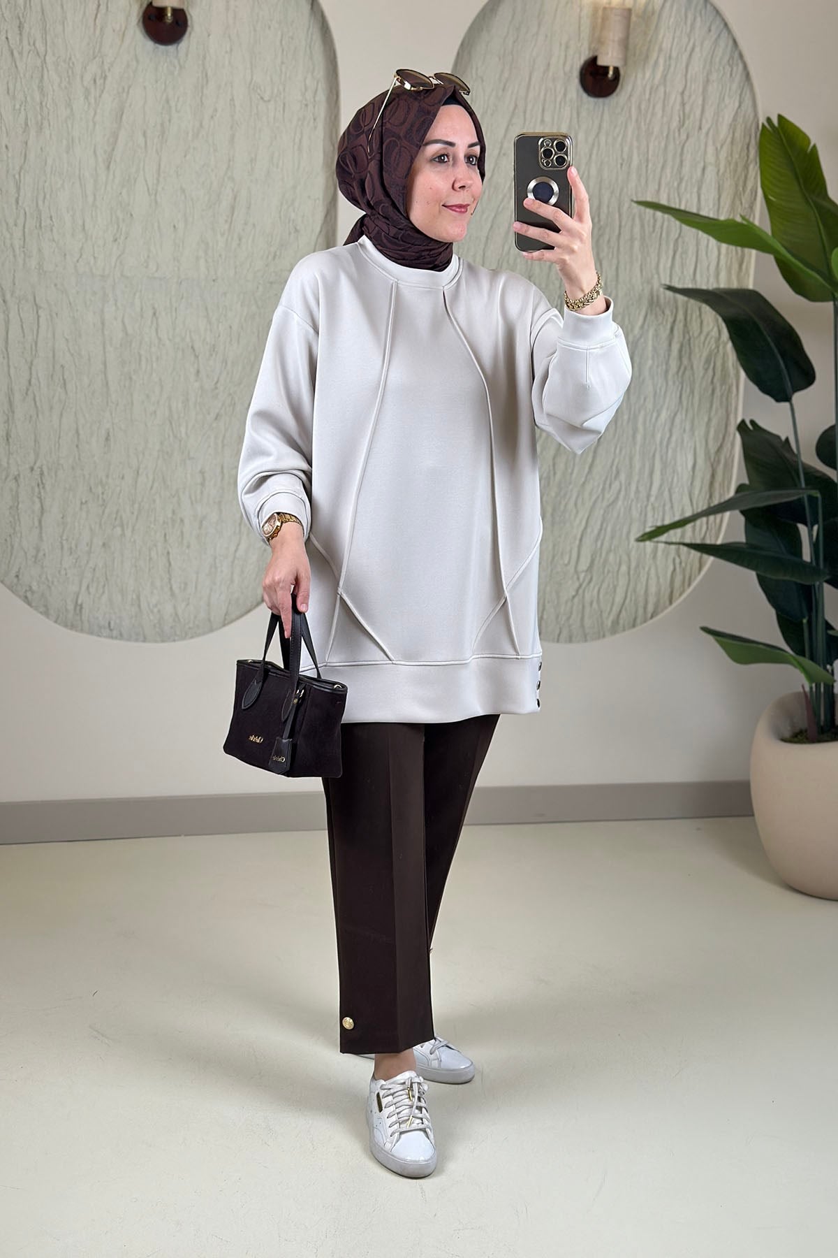 Tesettür Tunik ModelleriÖnü Nervürlü Yanları Çıtçıtlı Kupra Oysho Kadın Tunik Taş EYL 2243