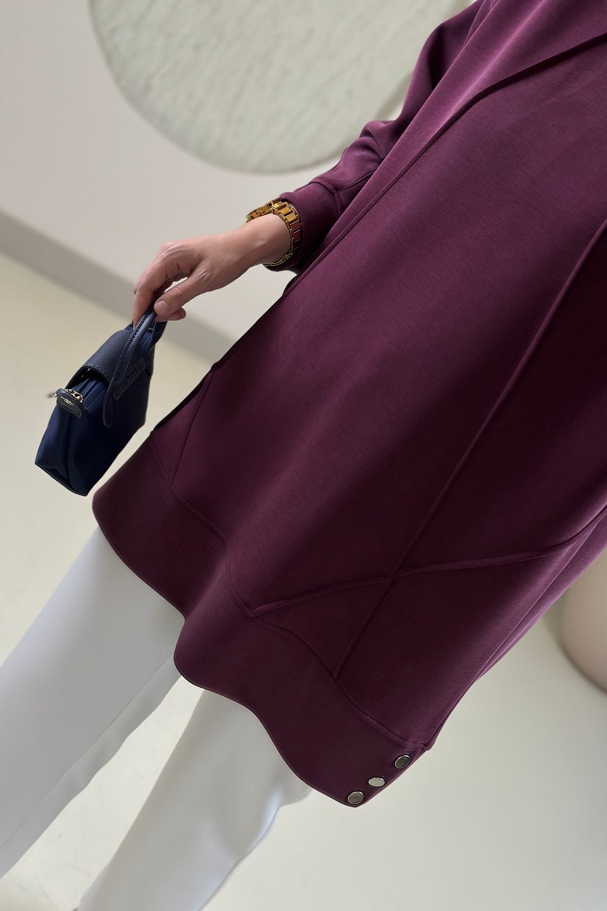 Tesettür Tunik ModelleriÖnü Nervürlü Yanları Çıtçıtlı Kupra Oysho Kadın Tunik Bordo EYL 2243