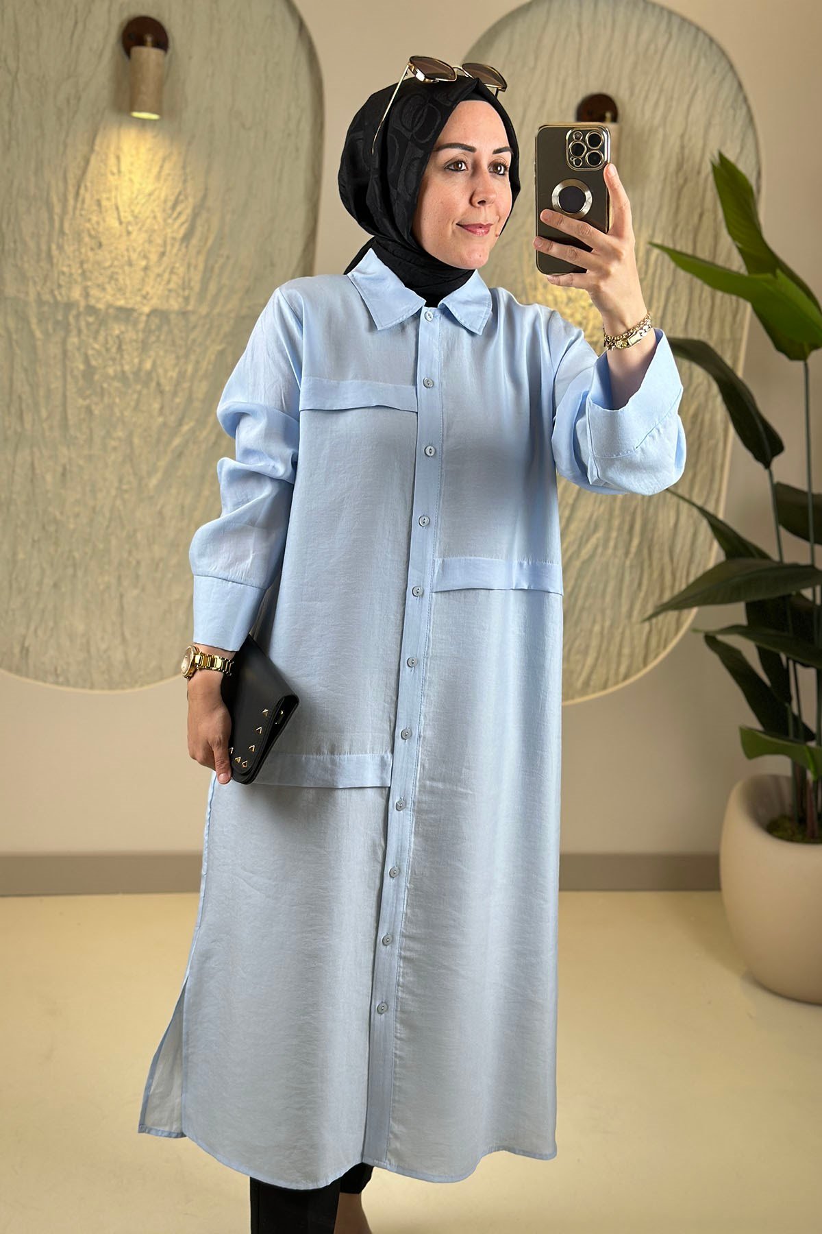 Tesettür Tunik ModelleriÖnü Şerit Allerli Düğmeli Uzun Kadın Tunik Bebe Mavisi EYL 2211