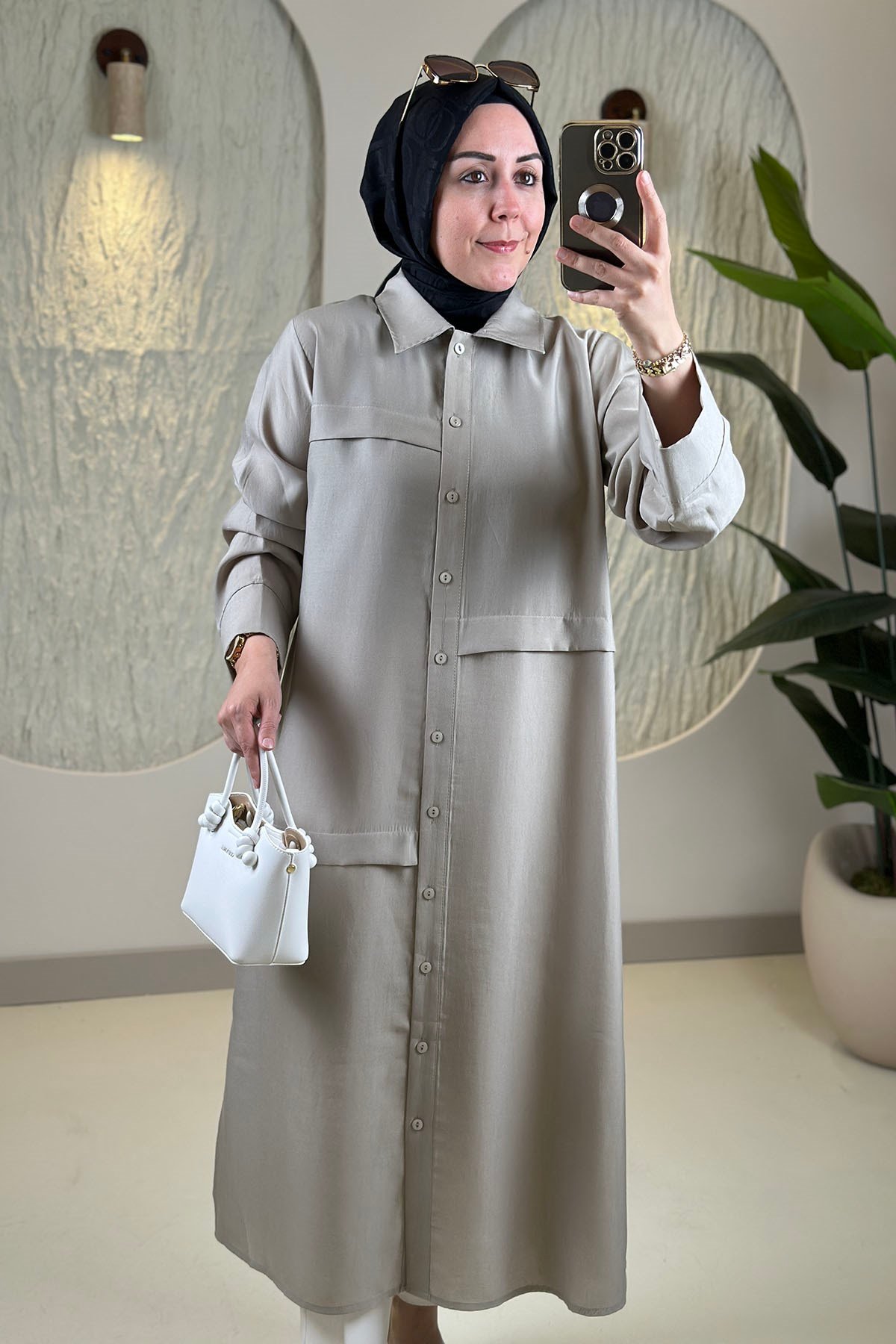 Tesettür Tunik ModelleriÖnü Şerit Allerli Düğmeli Uzun Kadın Tunik Taş EYL 2211