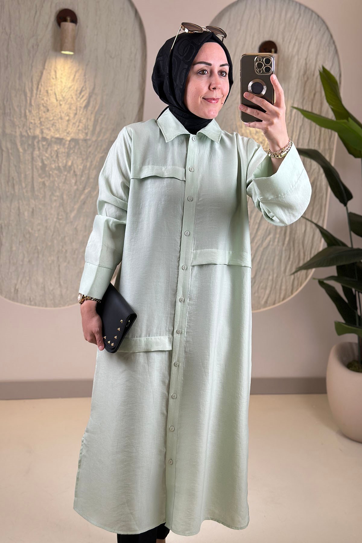 Tesettür Tunik ModelleriÖnü Şerit Allerli Düğmeli Uzun Kadın Tunik Yeşil EYL 2211