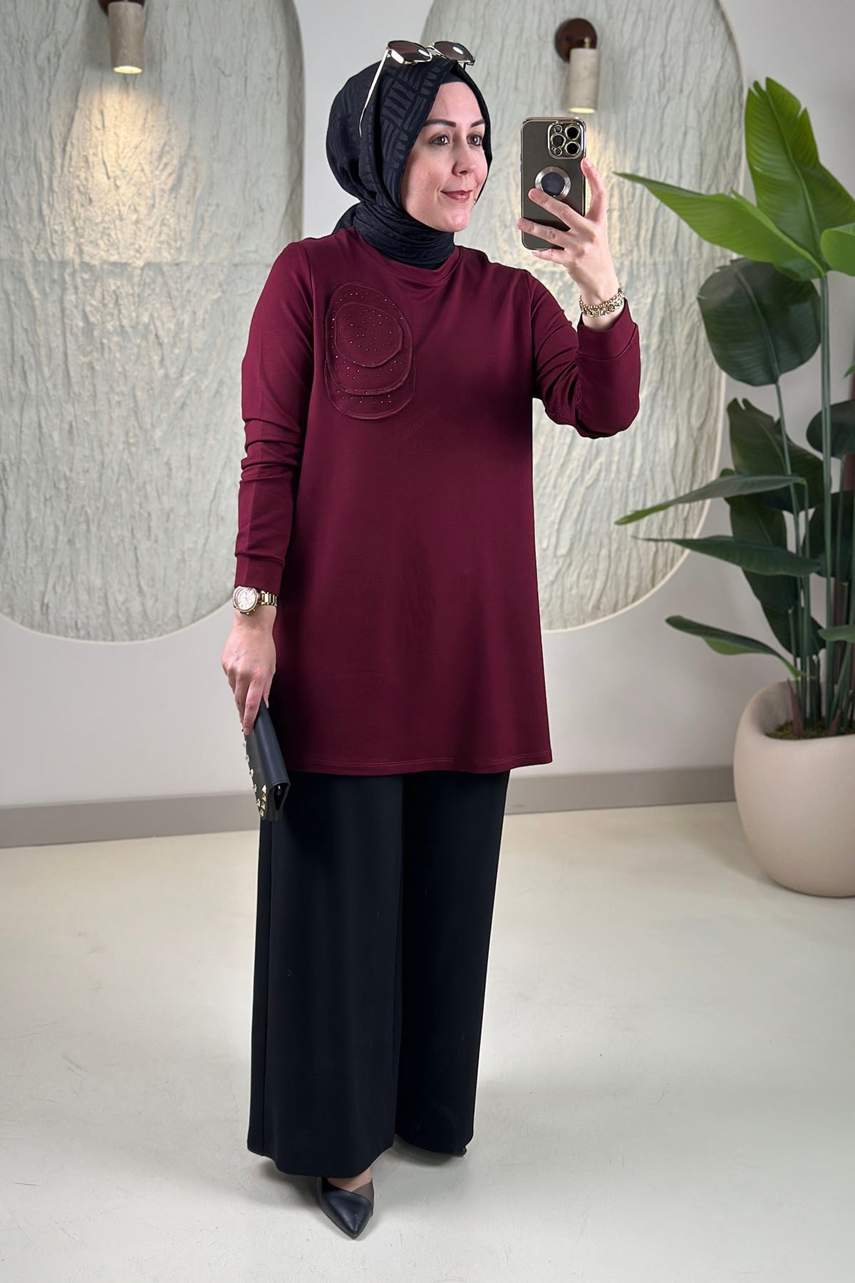 Tesettür Tunik ModelleriÖnü Taş Detaylı Basic Kadın Tunik Bordo KADO 268188