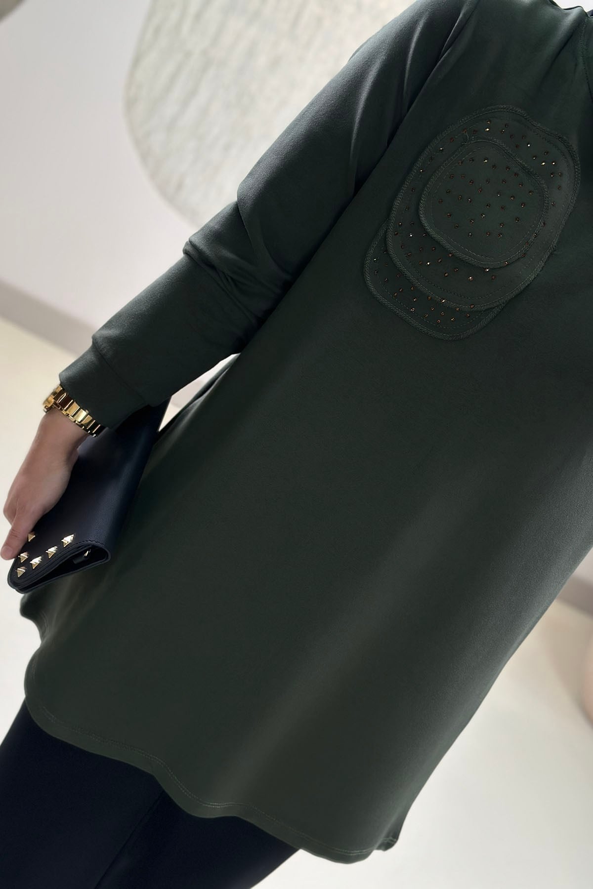 Tesettür Tunik ModelleriÖnü Taş Detaylı Basic Kadın Tunik Haki KADO 268188