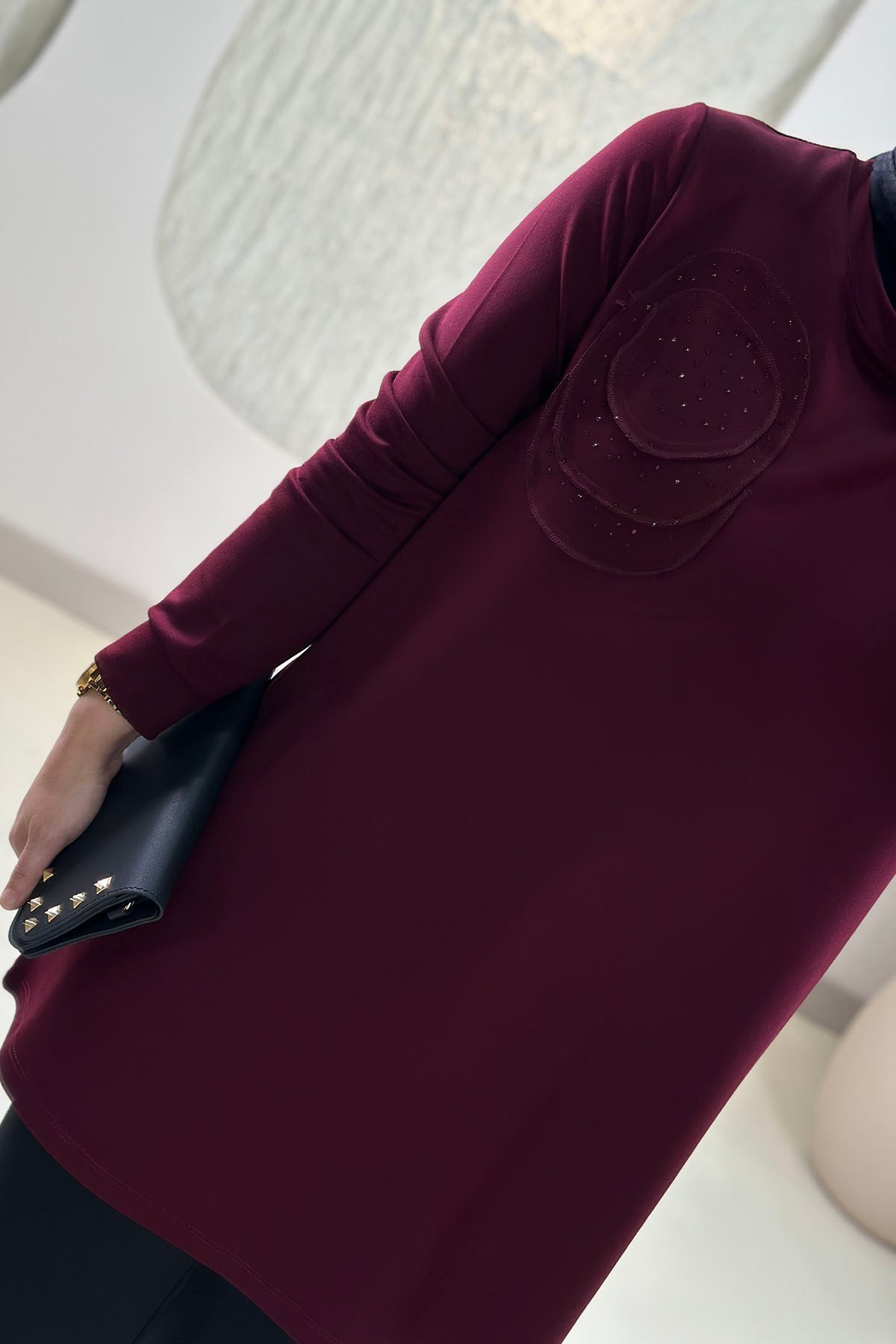 Tesettür Tunik ModelleriÖnü Taş Detaylı Basic Kadın Tunik Bordo KADO 268188
