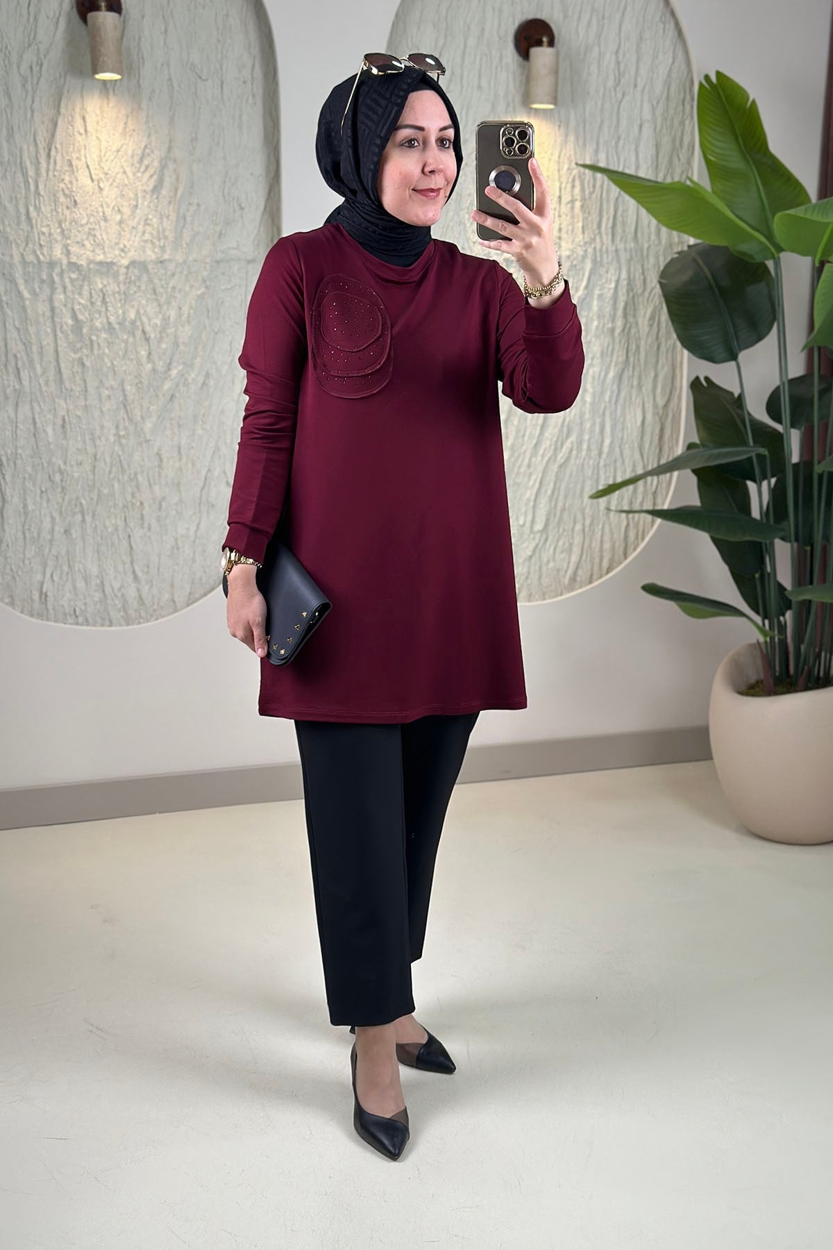 Tesettür Tunik ModelleriÖnü Taş Detaylı Basic Kadın Tunik Bordo KADO 268188