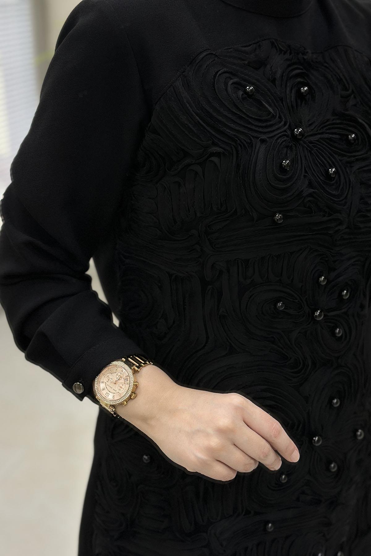 Tesettür Tunik ModelleriÖnü Tül İşleme ve İnci Detaylı Kadın Tunik Siyah HYA 1558