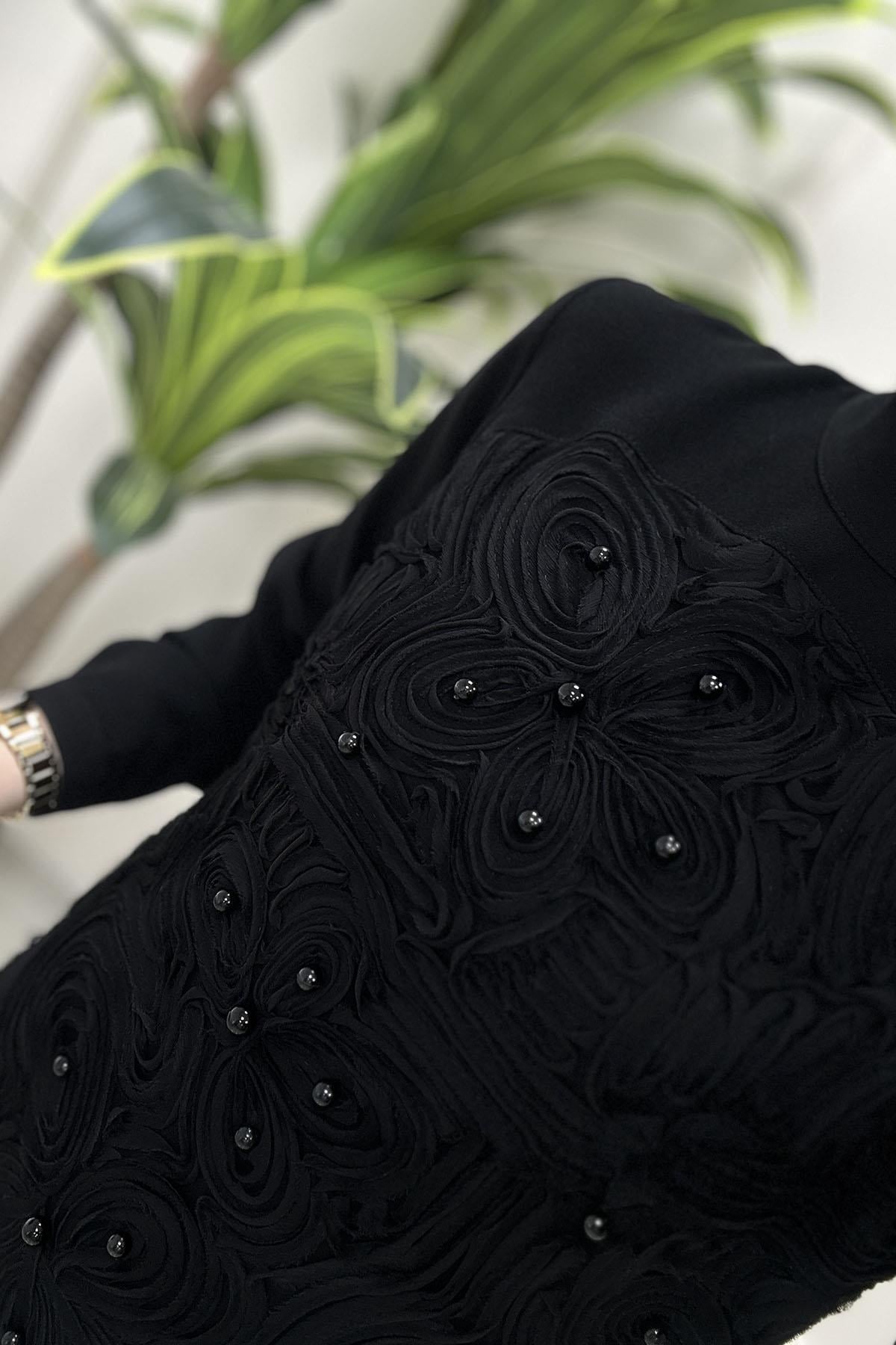 Tesettür Tunik ModelleriÖnü Tül İşleme ve İnci Detaylı Kadın Tunik Siyah HYA 1558