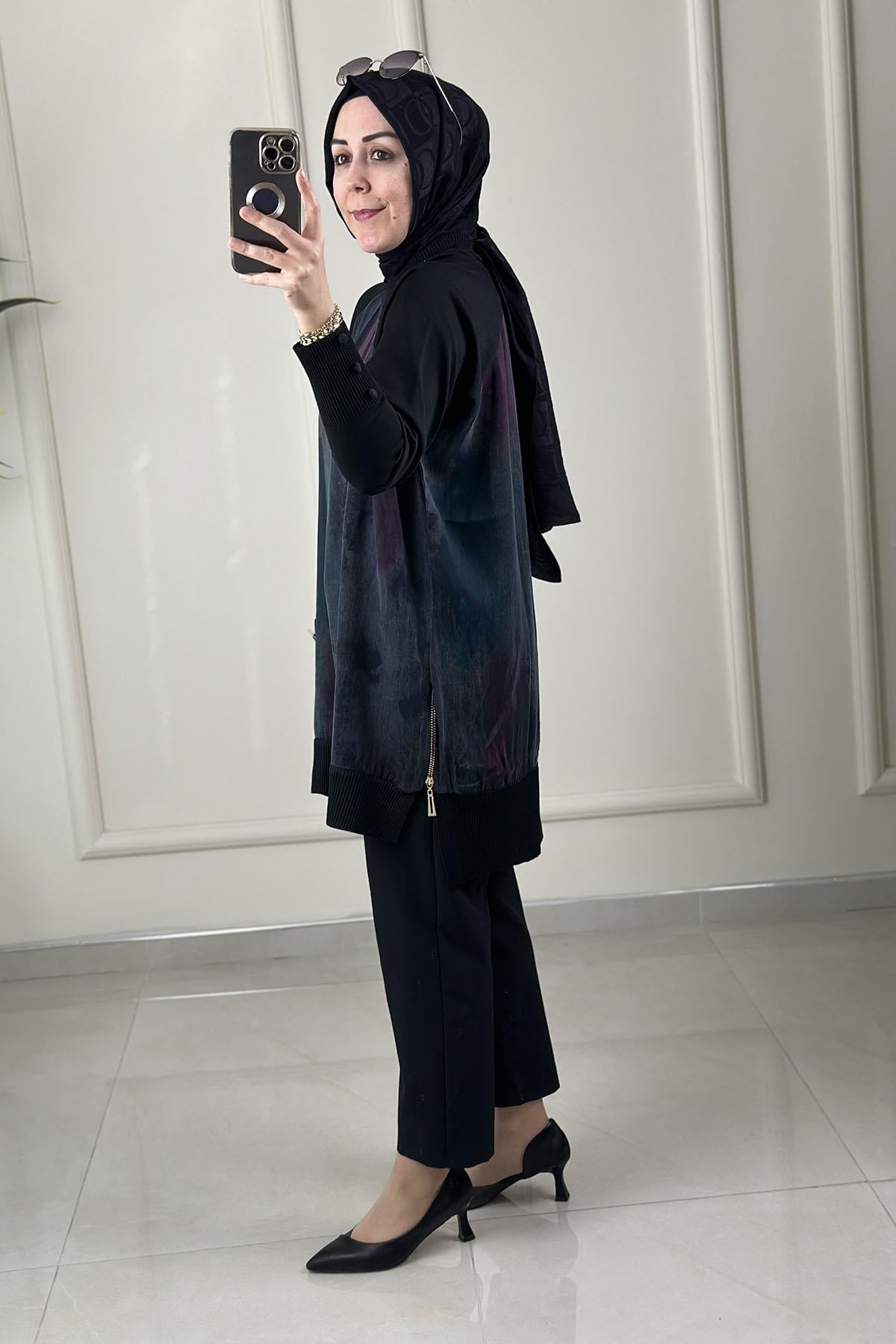 Tesettür Tunik ModelleriÖnü ve Arkası Qupra Reglan Kol Merserize Detaylı Fermuarlı Kadın Tunik Siyah KADO 2725149