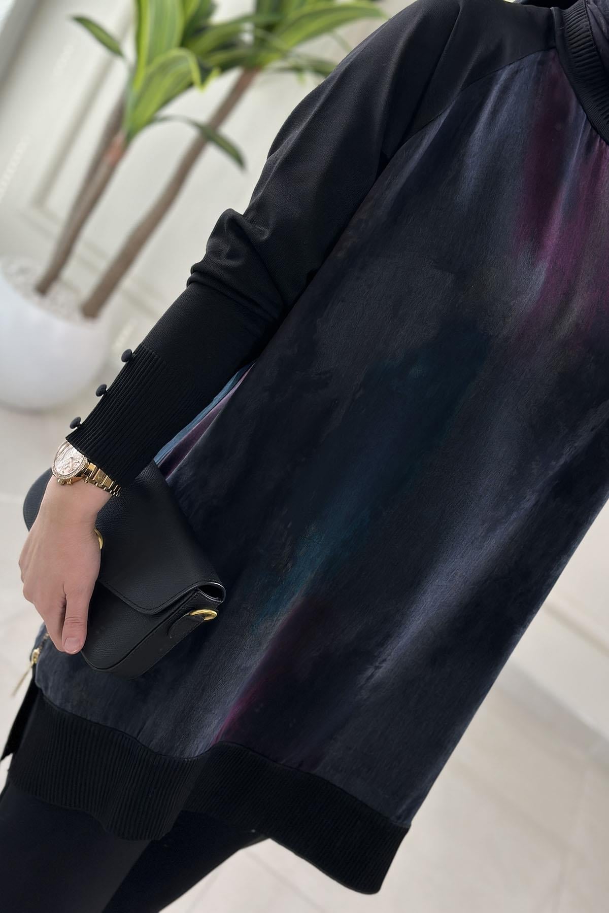 Tesettür Tunik ModelleriÖnü ve Arkası Qupra Reglan Kol Merserize Detaylı Fermuarlı Kadın Tunik Siyah KADO 2725149