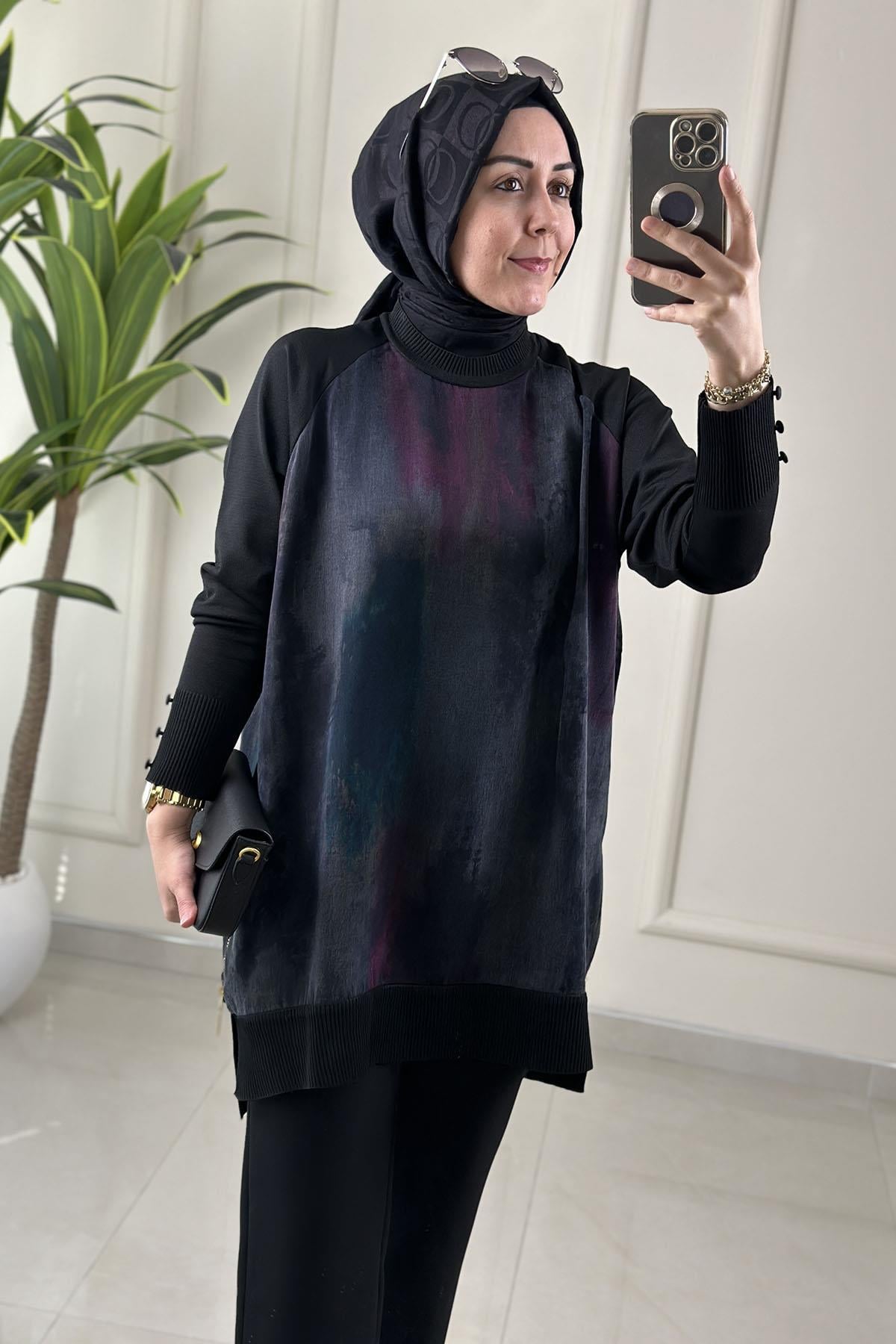 Tesettür Tunik ModelleriÖnü ve Arkası Qupra Reglan Kol Merserize Detaylı Fermuarlı Kadın Tunik Siyah KADO 2725149
