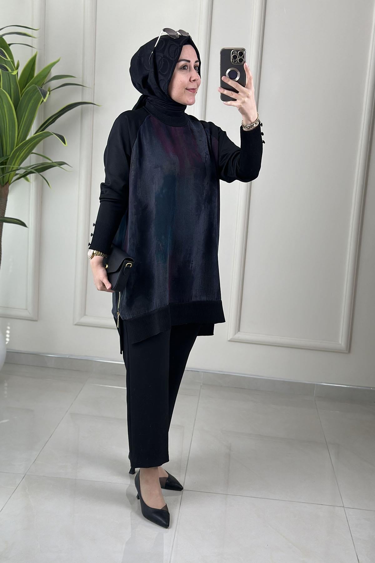 Tesettür Tunik ModelleriÖnü ve Arkası Qupra Reglan Kol Merserize Detaylı Fermuarlı Kadın Tunik Siyah KADO 2725149
