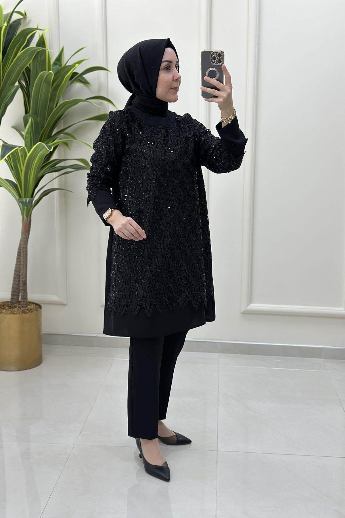 Tesettür Tunik ModelleriÖnü ve Kolu Güpür Detaylı Kadın Krep Tunik Siyah CNR 2119