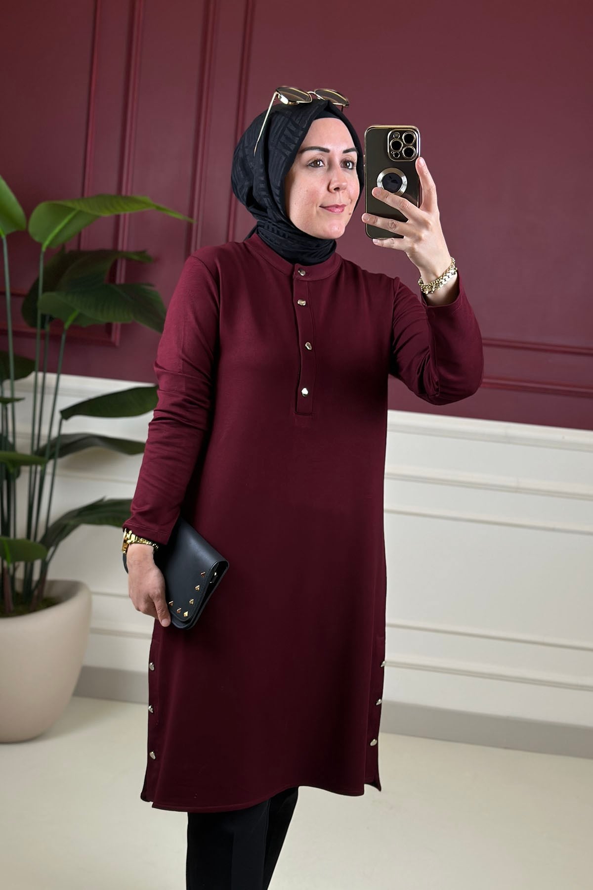 Tesettür Tunik ModelleriÖnü Yarım Düğmeli İnce Oysho Kadın Tunik Bordo KADO 268204