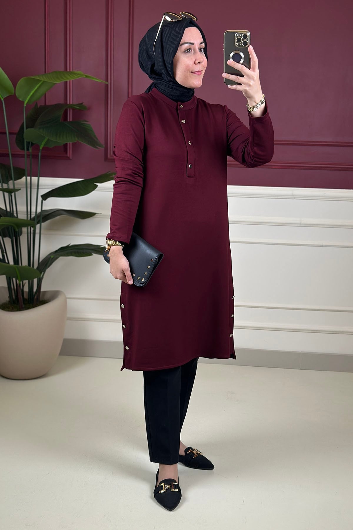 Tesettür Tunik ModelleriÖnü Yarım Düğmeli İnce Oysho Kadın Tunik Bordo KADO 268204