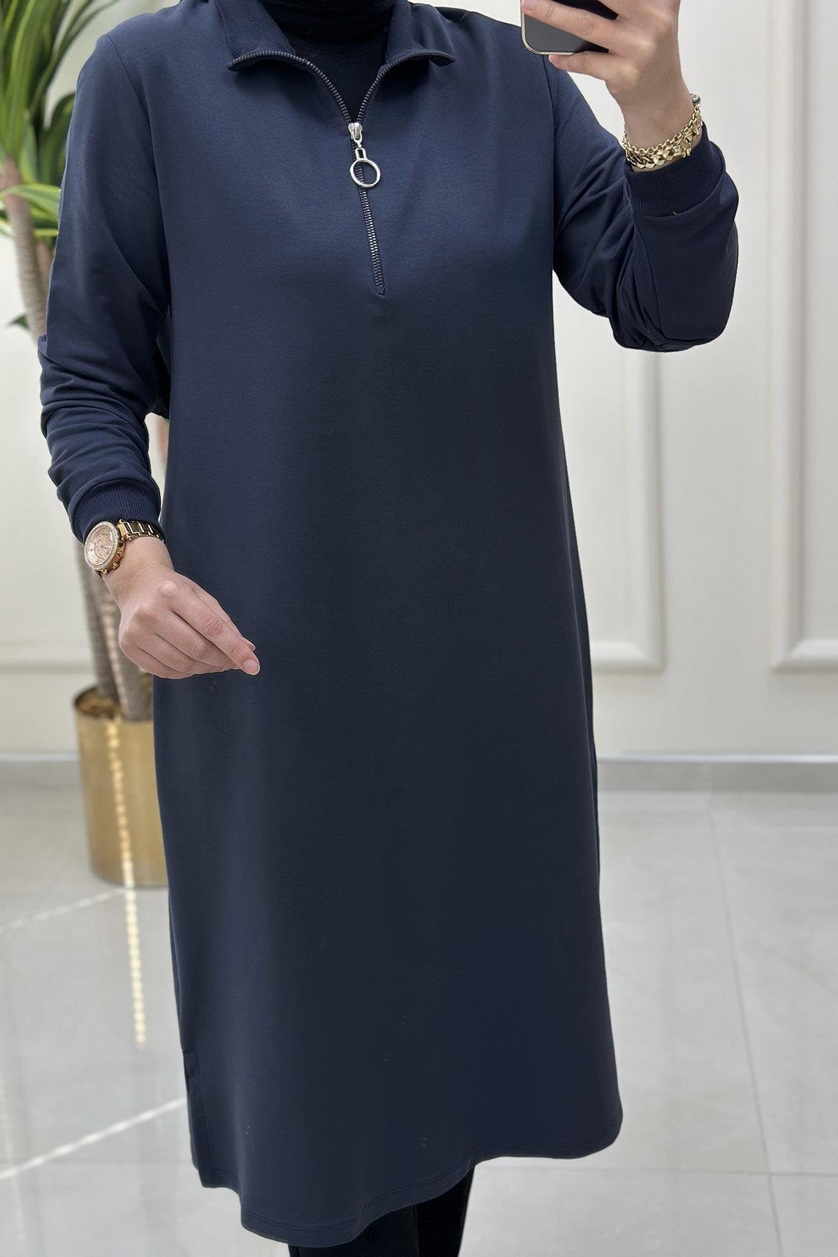Tesettür Tunik ModelleriÖnü Yarım Fermuarlı Ribana Detaylı Kadın Tunik Antrasit KADO 257322