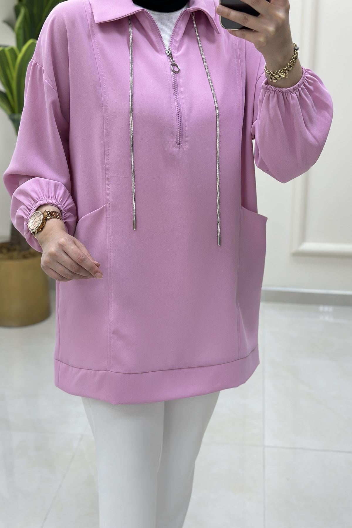 Tesettür Tunik ModelleriÖnü Yarım Fermuarlı Taş İp Detaylı Kadın Tunik Pembe MSE 31901