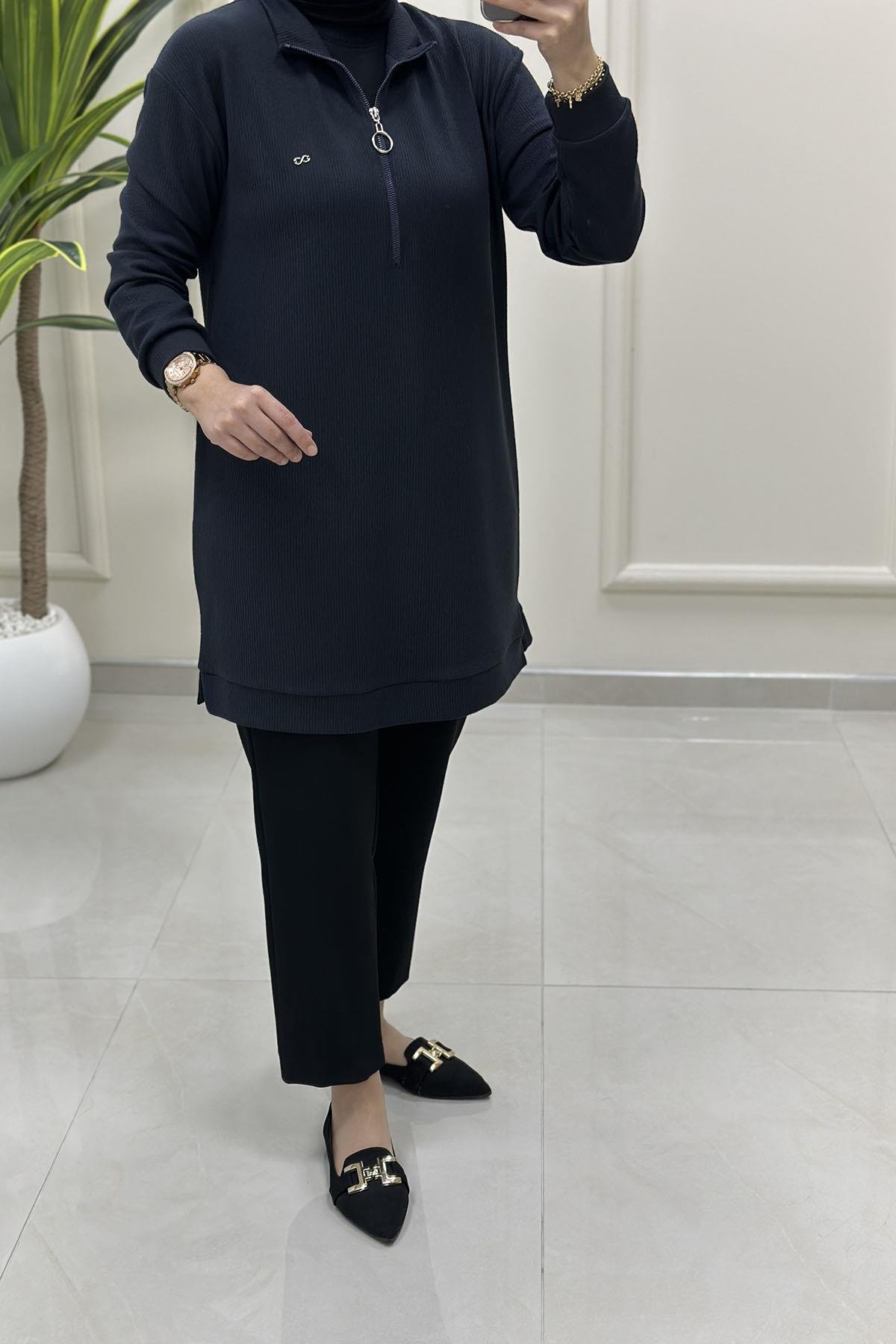 Tesettür Tunik ModelleriÖnü Yarım Fermuarlı Basic Örme Kadın Tunik Antrasit KADO 257094