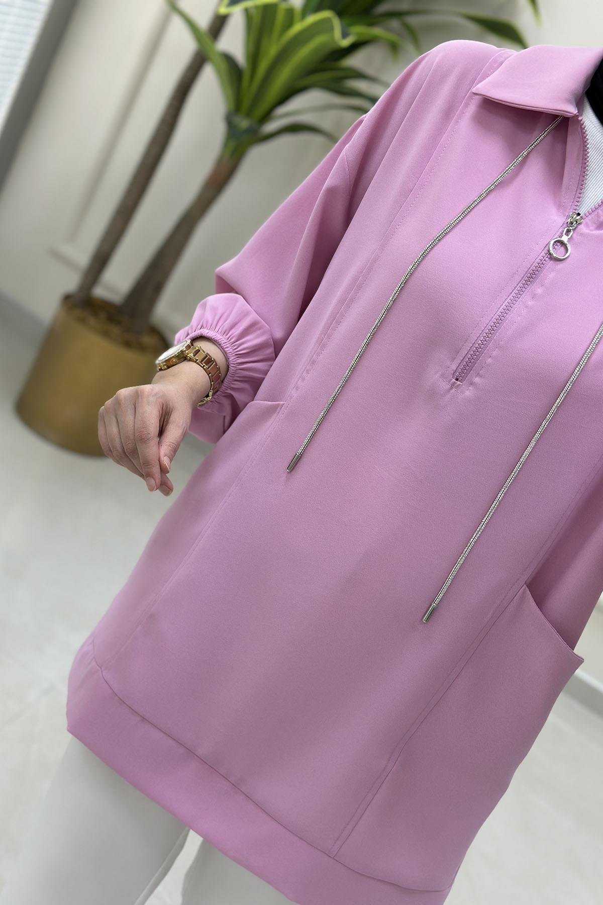 Tesettür Tunik ModelleriÖnü Yarım Fermuarlı Taş İp Detaylı Kadın Tunik Pembe MSE 31901