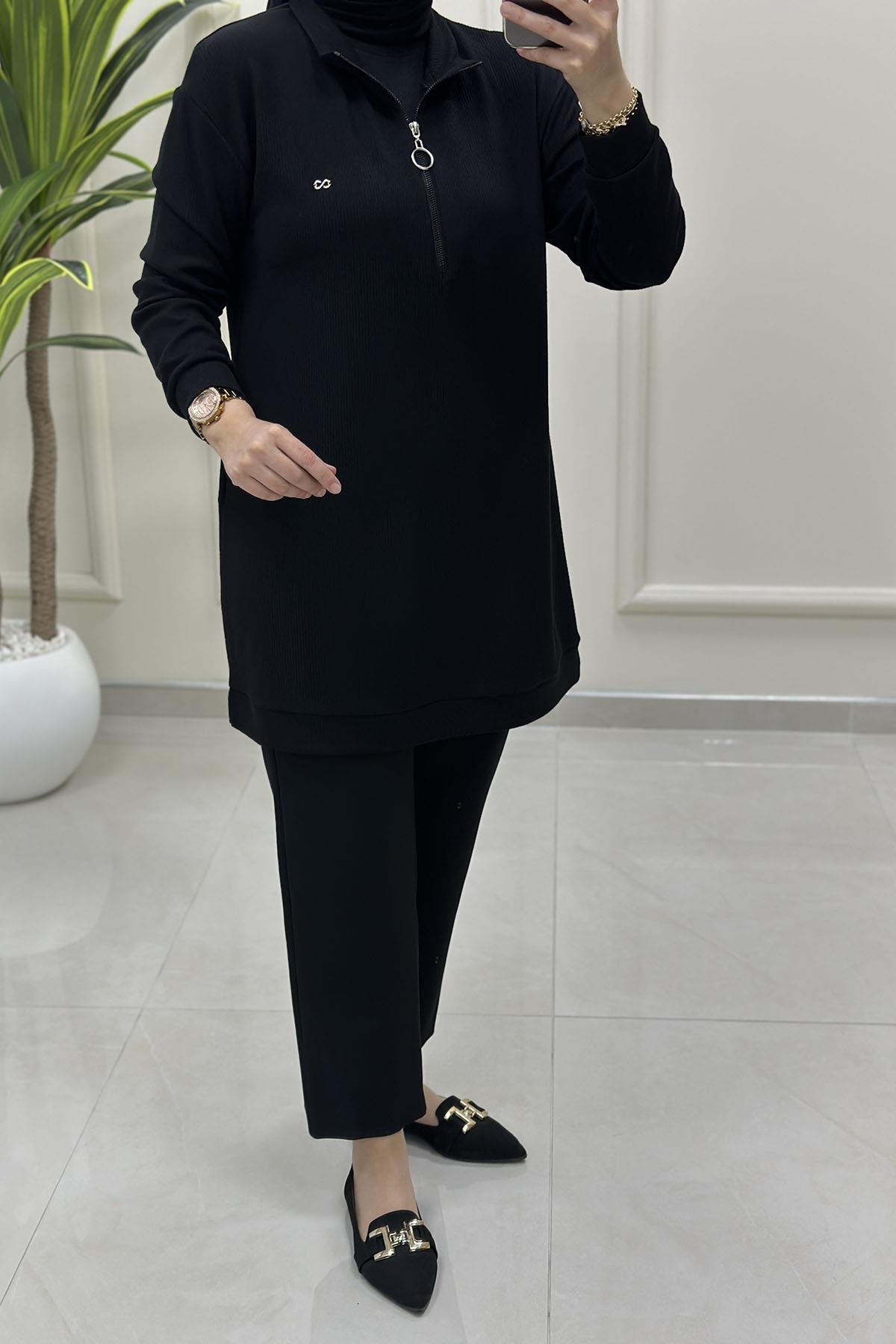 Tesettür Tunik ModelleriÖnü Yarım Fermuarlı Basic Örme Kadın Tunik Siyah KADO 257094