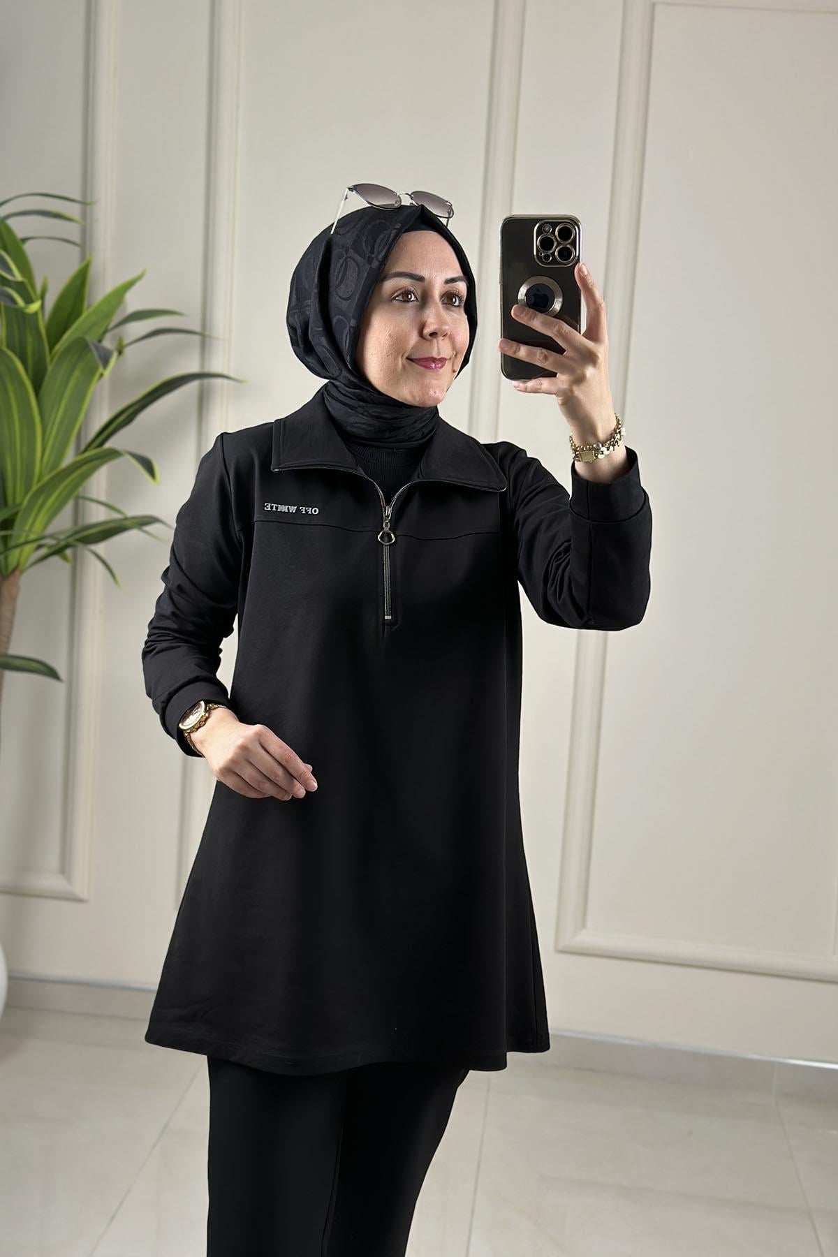 Tesettür Tunik ModelleriÖnü Yarım Fermuarlı Basic Kadın Tunik Siyah MP 2664