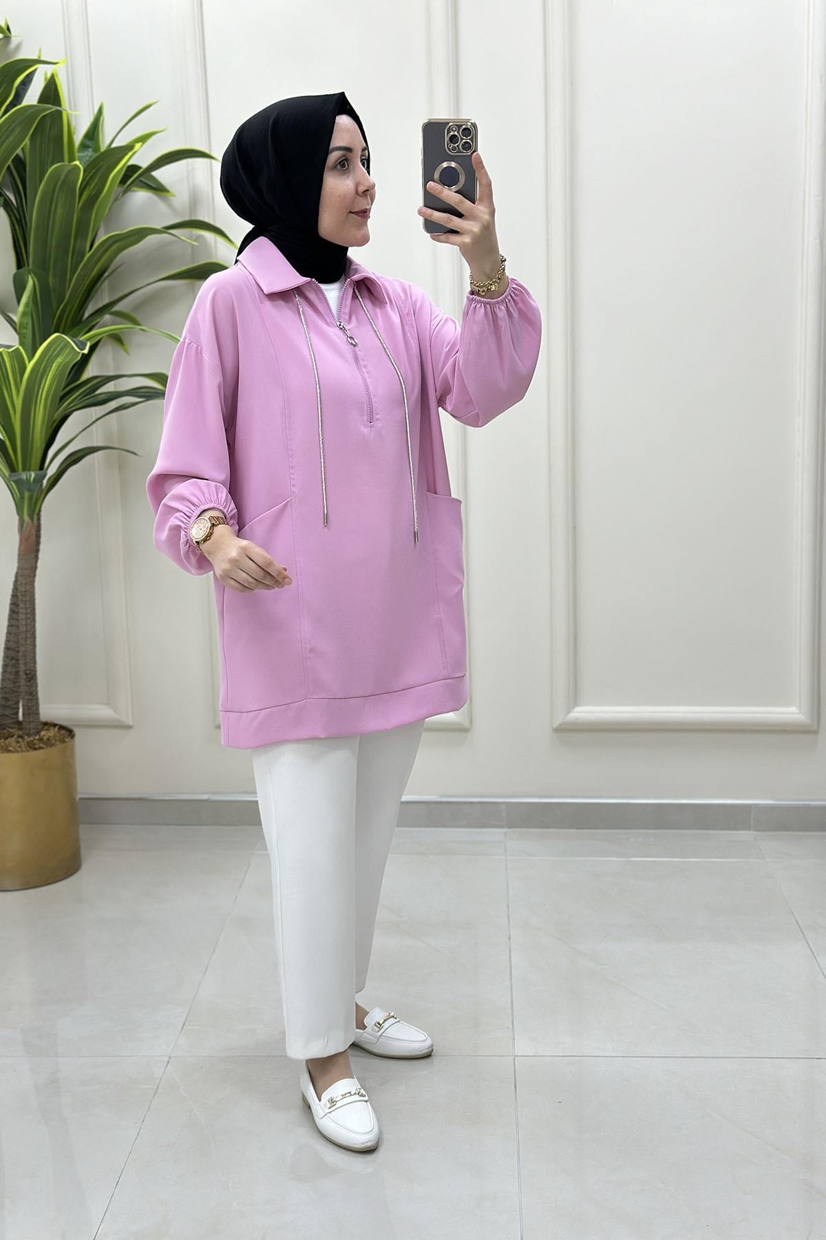 Tesettür Tunik ModelleriÖnü Yarım Fermuarlı Taş İp Detaylı Kadın Tunik Pembe MSE 31901