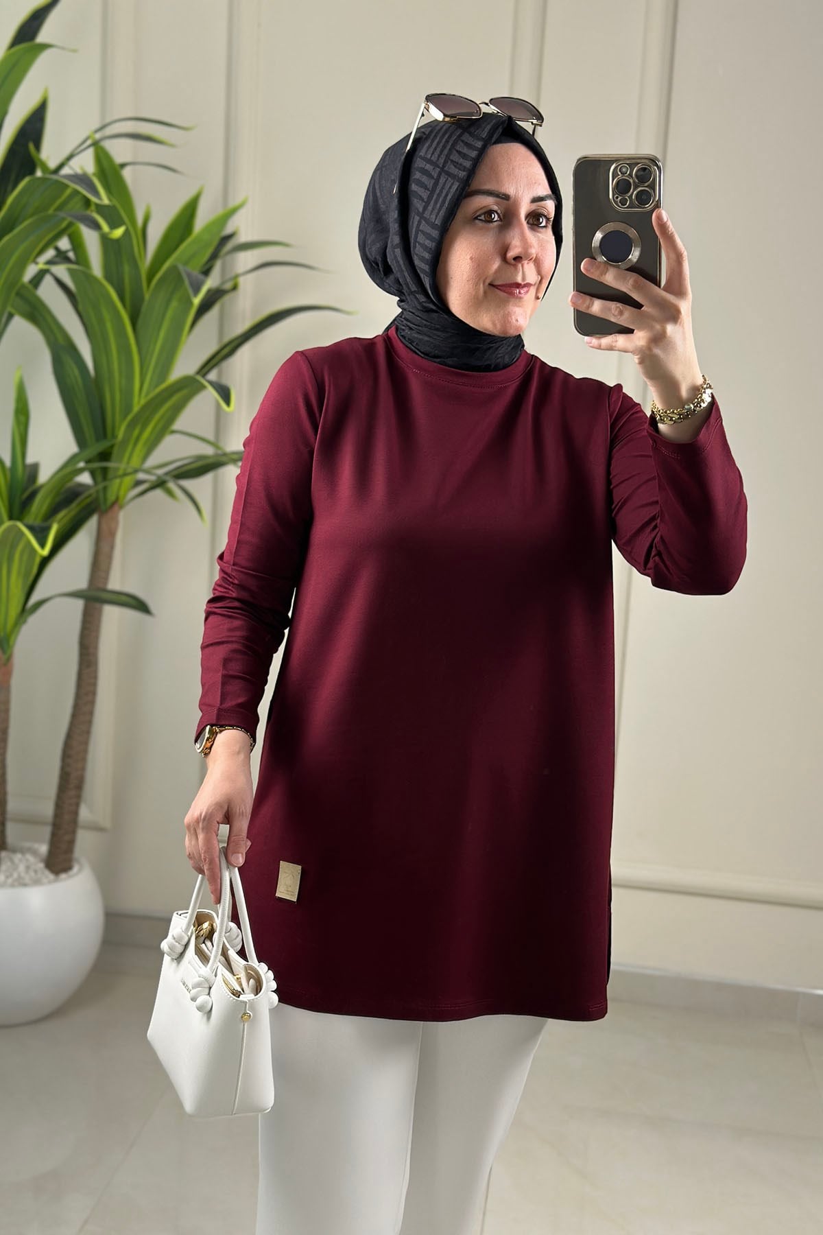 Tesettür Tunik ModelleriOysho Önü Armalı Basic Kadın Tunik Bordo KADO 9218