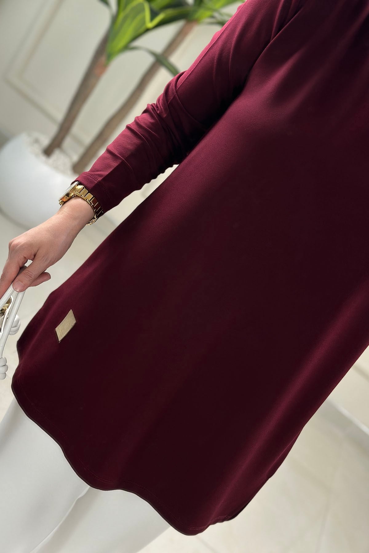 Tesettür Tunik ModelleriOysho Önü Armalı Basic Kadın Tunik Bordo KADO 9218