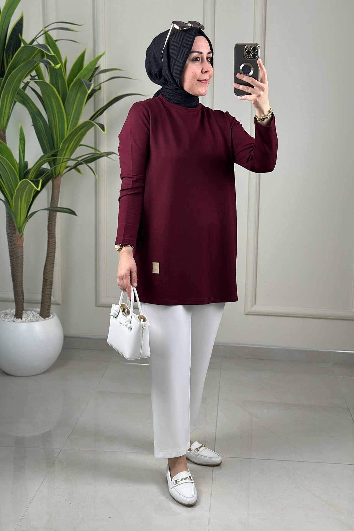 Tesettür Tunik ModelleriOysho Önü Armalı Basic Kadın Tunik Bordo KADO 9218
