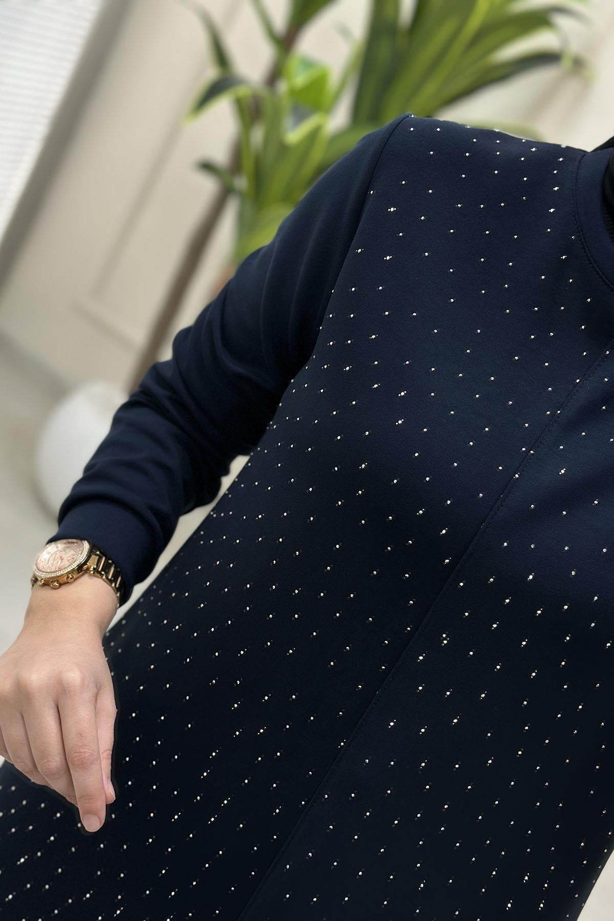 Tesettür Tunik ModelleriOysho Önü Serpme Taş Detaylı Kadın Tunik Lacivert KADO 257431