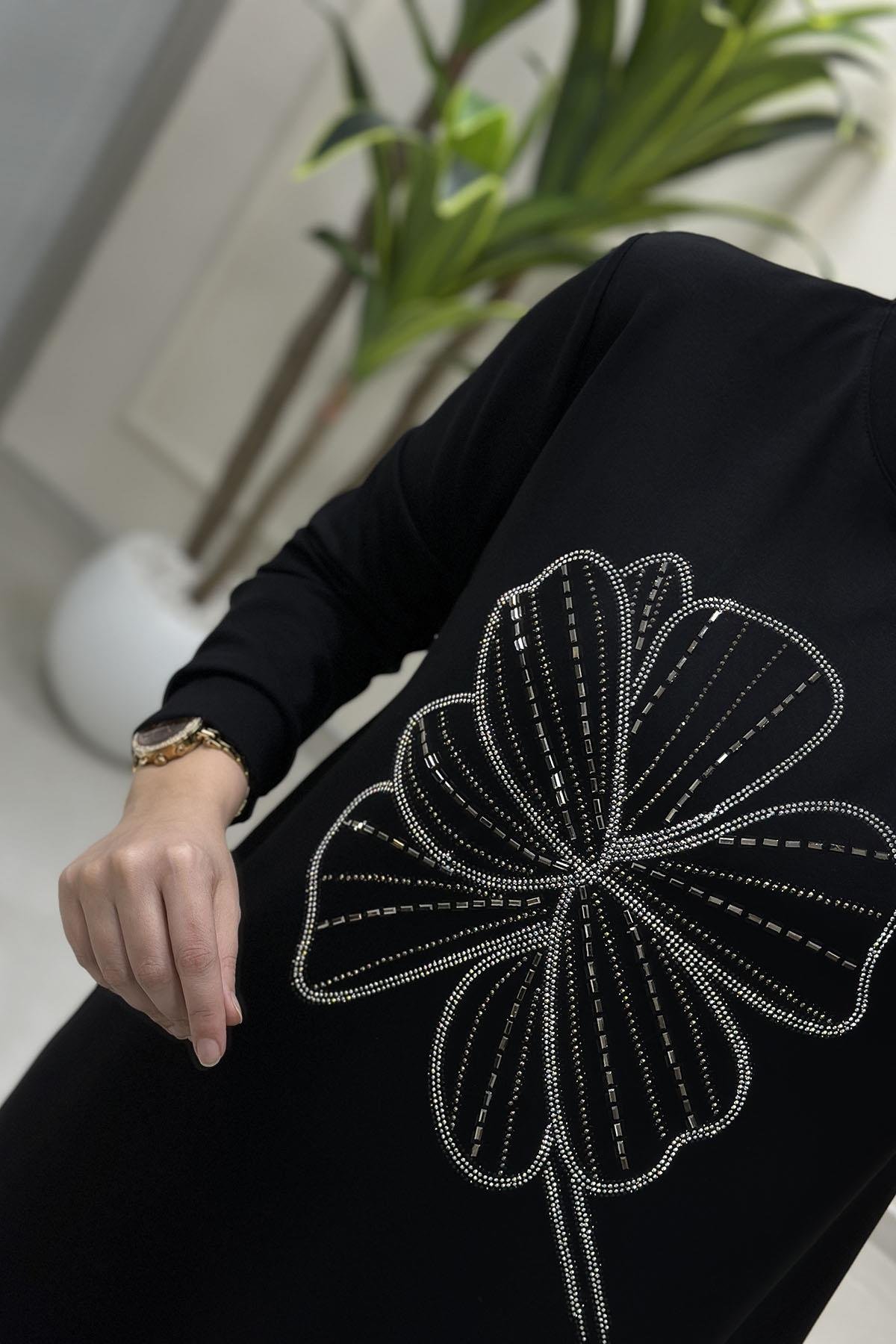 Tesettür Tunik ModelleriOysho Önü Taş Baskı Detaylı Kadın Tunik Siyah KADO 257444