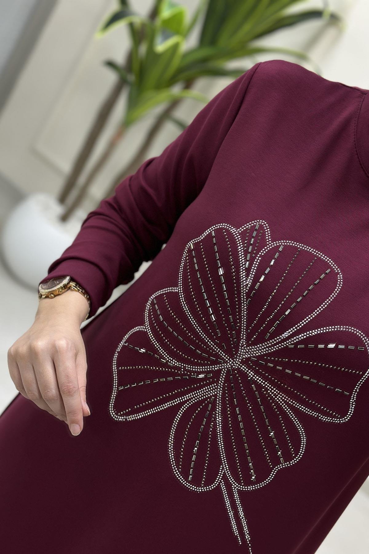 Tesettür Tunik ModelleriOysho Önü Taş Baskı Detaylı Kadın Tunik Bordo KADO 257444